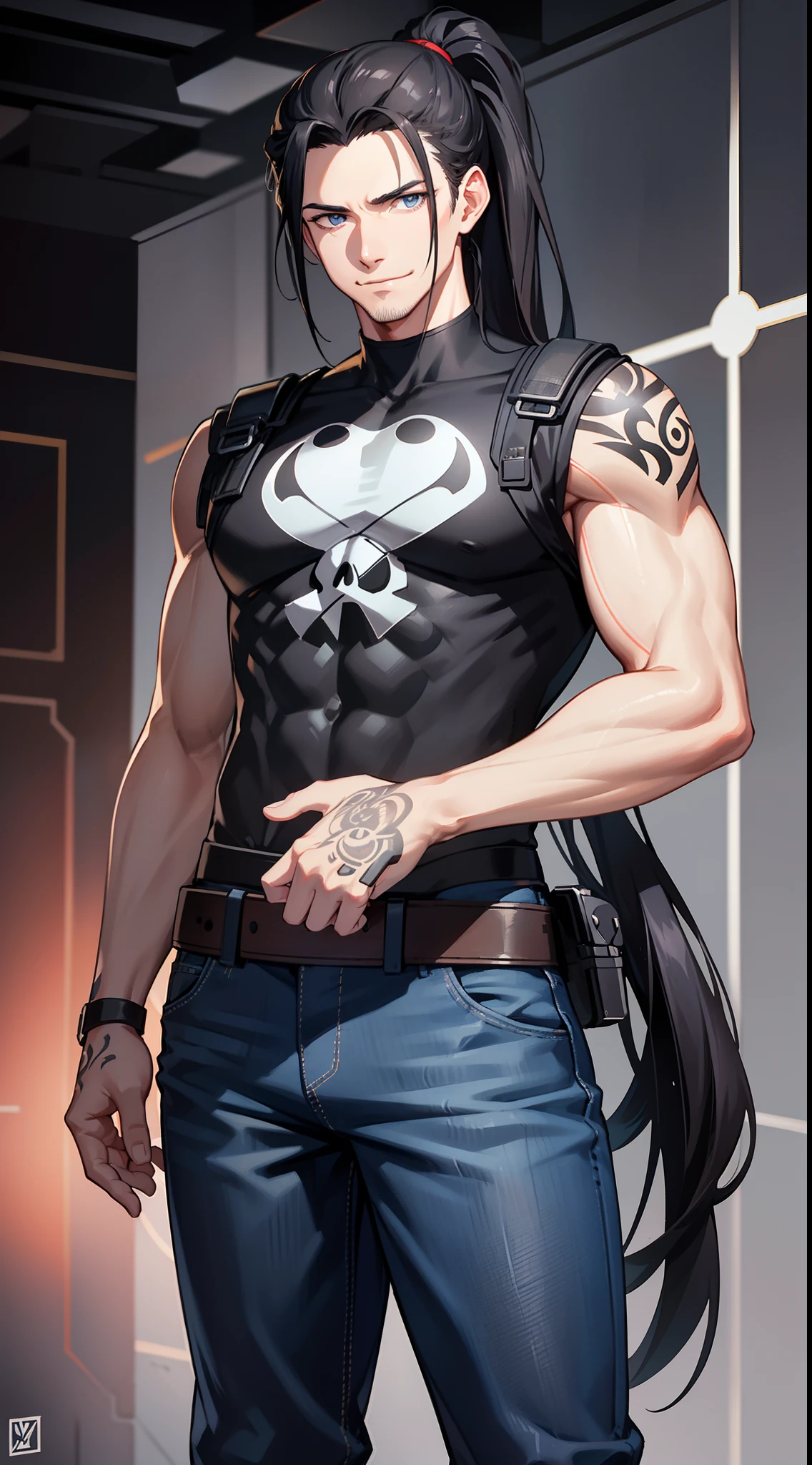 Grown-up guy, Long black hair, high ponytail, blue eyes, Smile, beatiful face, bodyarmor, Sleeveless, Drawing of the skull, Jeans, circuits, arma, brawn, Punisher's Seal, tattoo, Masterpiece, hiquality, 4k, HD, Good detail