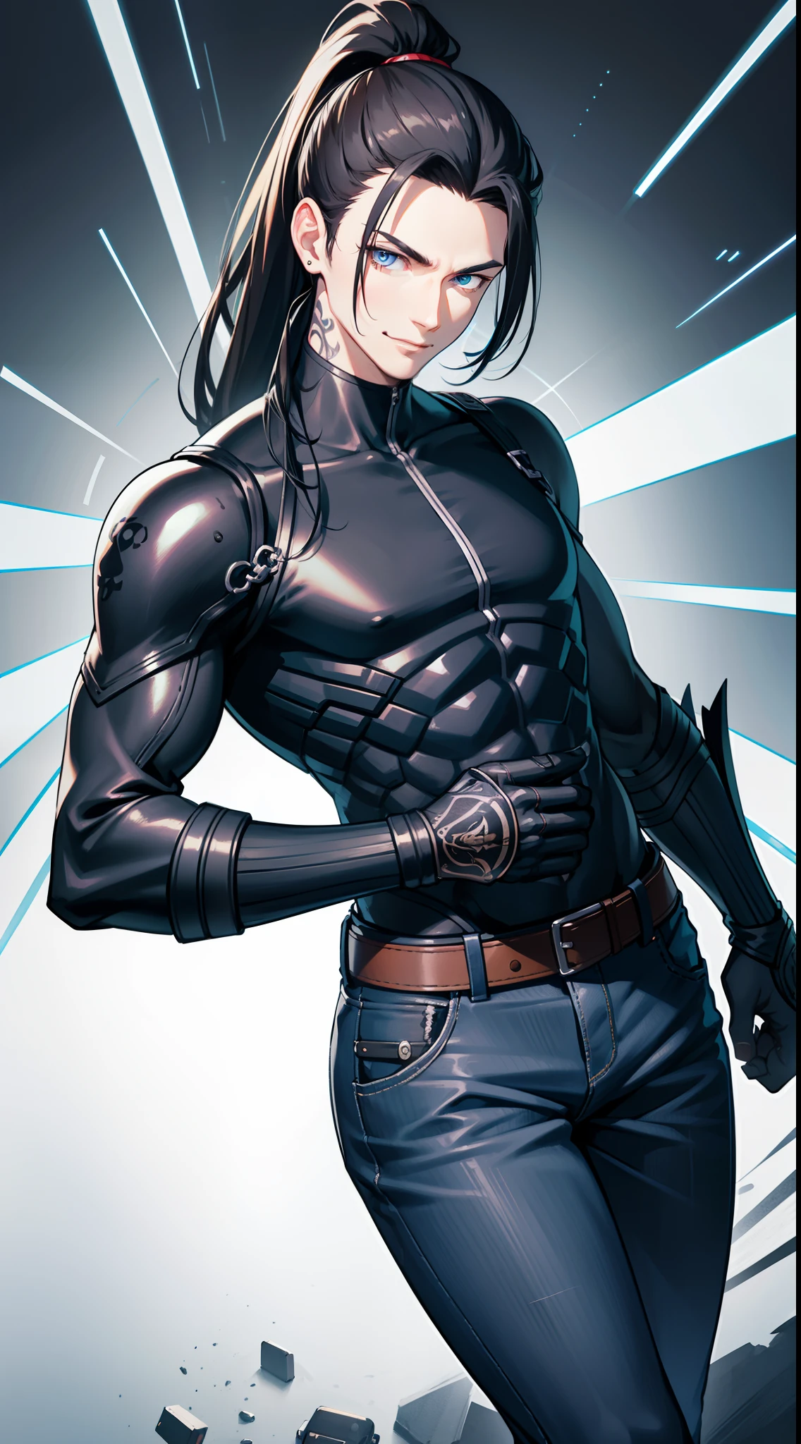 Grown-up guy, Long black hair, high ponytail, blue eyes, Smile, beatiful face, bodyarmor, Sleeveless, Drawing of the skull, Jeans, circuits, arma, brawn, Punisher's Seal, tattoo, Masterpiece, hiquality, 4k, HD, Good detail