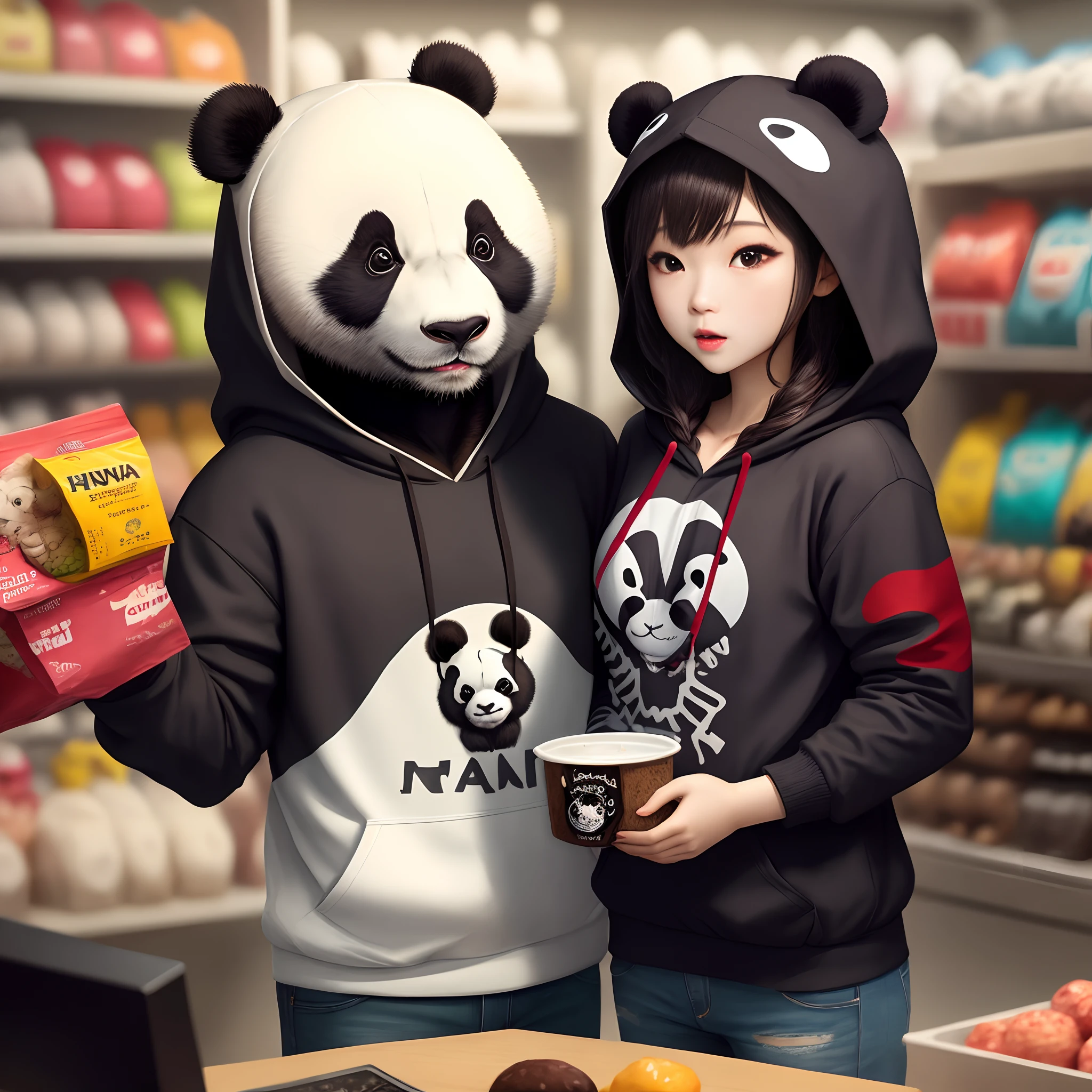 Panda wearing spider hoodie buying something