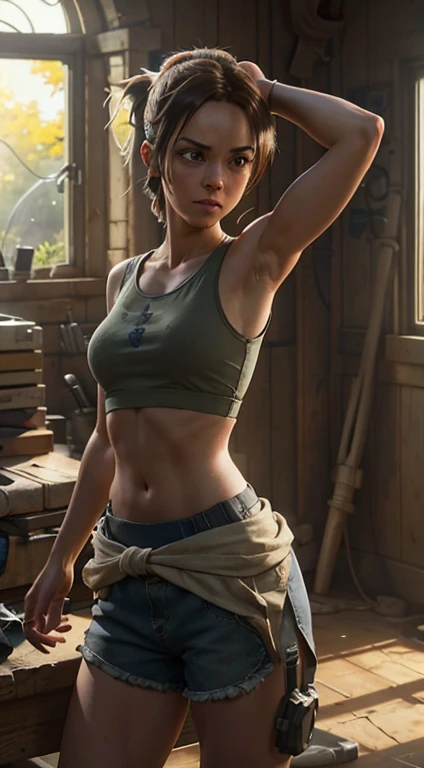 chell, ponytail, tank top, clothes around waist, cleaning a portal gun at a workbench, bright morning sunlight shining through window (zrpgstyle) (masterpiece:1.2) (illustration:1.2) (best quality:1.2) (detailed) (intricate) (8k) (HDR) (cinematic lighting) (sharp focus)