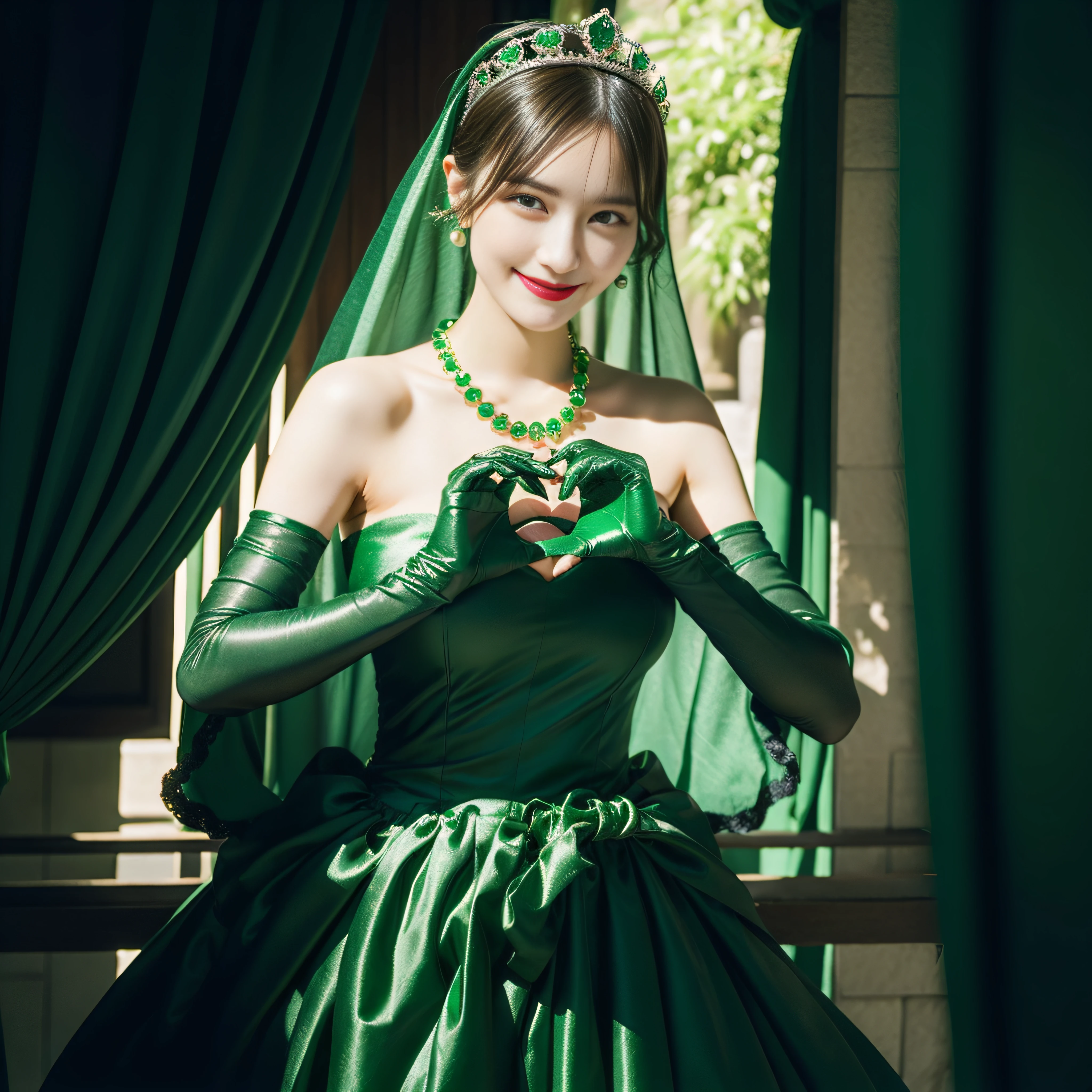 emerald tiara, Green Pearl Necklace, Boyish very short green hair, lipsticks, Japan woman smiling, very short short hair, big breasts beautiful, Green eyes, Long green gloves made of satin material, Green eyes, Emerald Earrings, green vale, Heart with both hands
