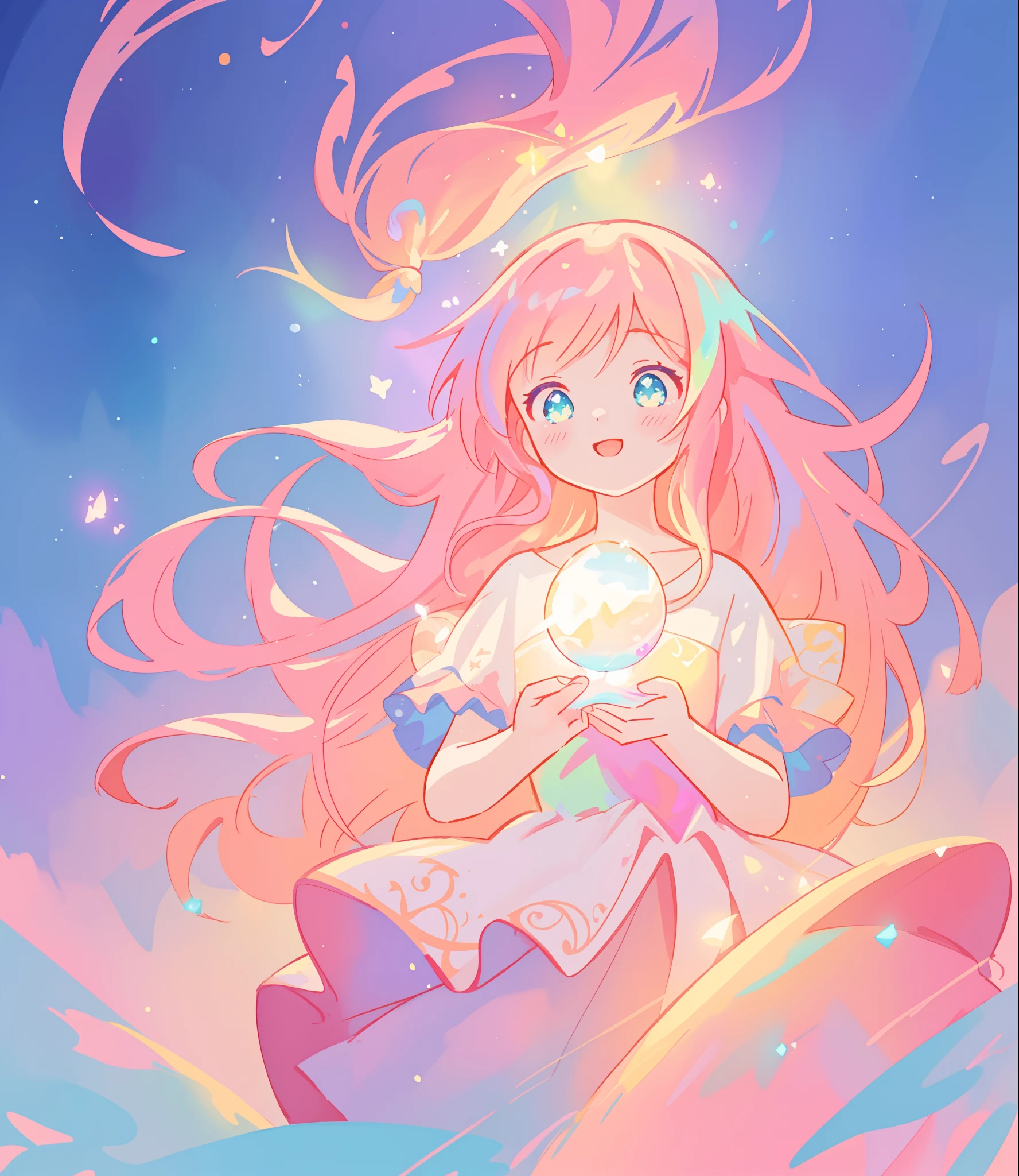 beautiful girl, ((puffy shimmering multi-layered ballgown)), vibrant pastel colors, (colorful), long flowing hair, magical lights, sparkling magical liquid, inspired by Glen Keane, inspired by Lois van Baarle, disney art style, by Lois van Baarle, glowing aura around her, by Glen Keane, jen bartel, glowing lights! digital painting, flowing glowing hair, glowing flowing hair, beautiful digital illustration, fantasia background, whimsical, magical, fantasy, ((masterpiece, best quality)), intricate details, highly detailed, sharp focus, 8k resolution, sparkling detailed eyes, liquid watercolor