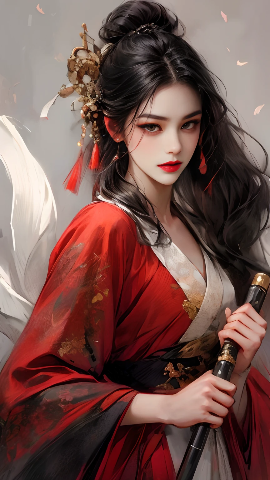dramatic angle,(fluttered detailed ink splashs), (illustration),(((1 girl))),(long hair),(rain:0.6),((expressionless ,Carmine hair ornament:1.4)),(There is a palace far away from the girl),chinese clothes,((focus on the girl)), color Ink wash painting,(ink splashing),(Huaqing splashing),((colorful)),[sketch], Masterpiece,best quality, beautifully painted,highly detailed,(denoising:0.7),[splash ink],yin yang <lora:WuMo2:1>