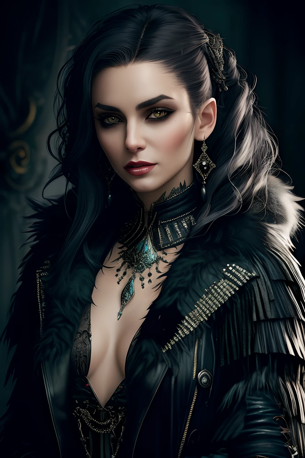 arafed woman in a black leather jacket with a feathered collar, yennefer, beautiful vampire female queen, seductive cyberpunk dark fantasy, in style of dark fantasy art, beautiful vampire queen, yennefer of vengerberg, dark fantasy style art, dark fantasy style, beautiful elf with ornate robes, dark fantasy character design, portrait of a sorceress