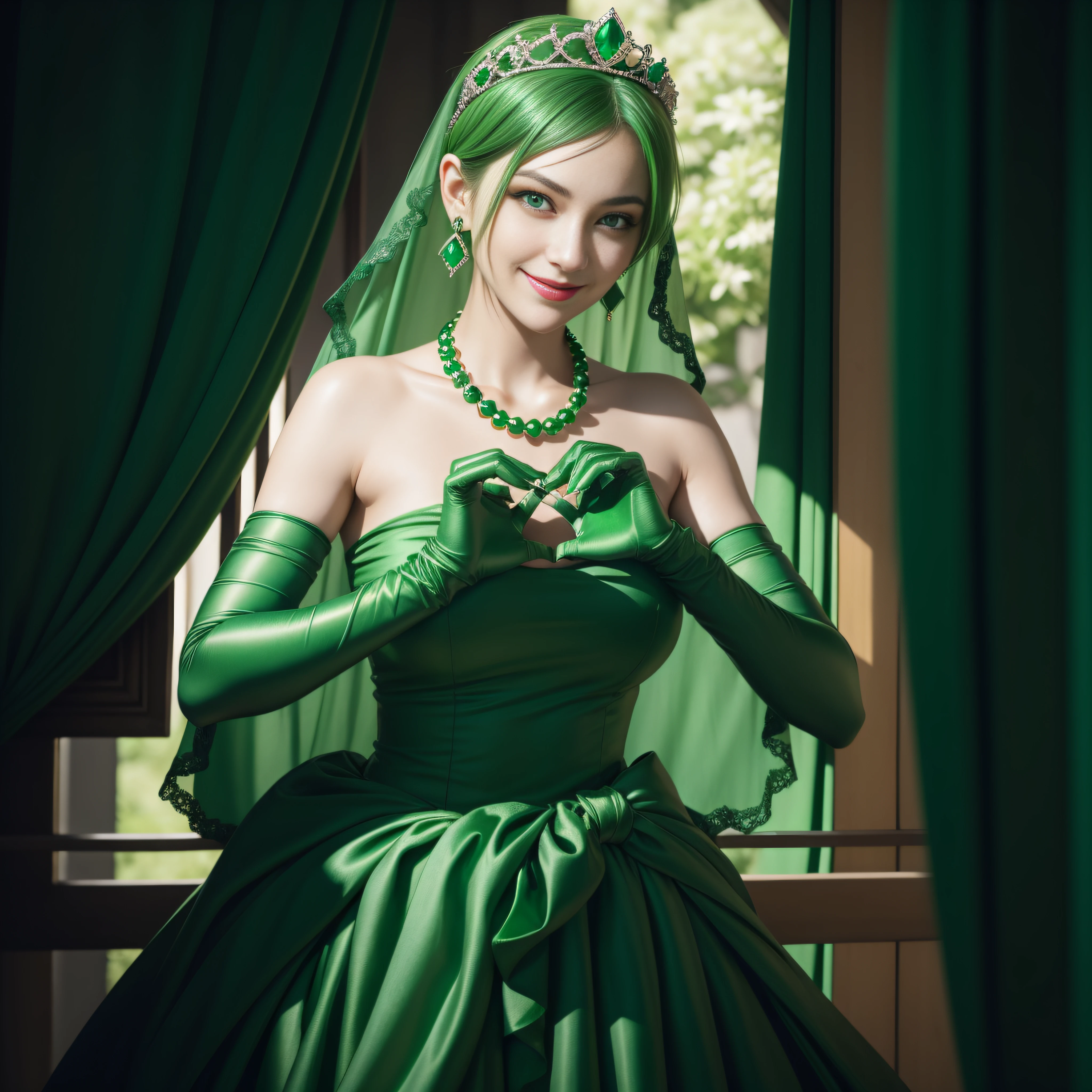 emerald tiara, Green Pearl Necklace, Boyish very short green hair, lipsticks, Japan woman smiling, very short short hair, big breasts beautiful, Green eyes, Long green gloves made of satin material, Green eyes, Emerald Earrings, green vale, Heart with both hands