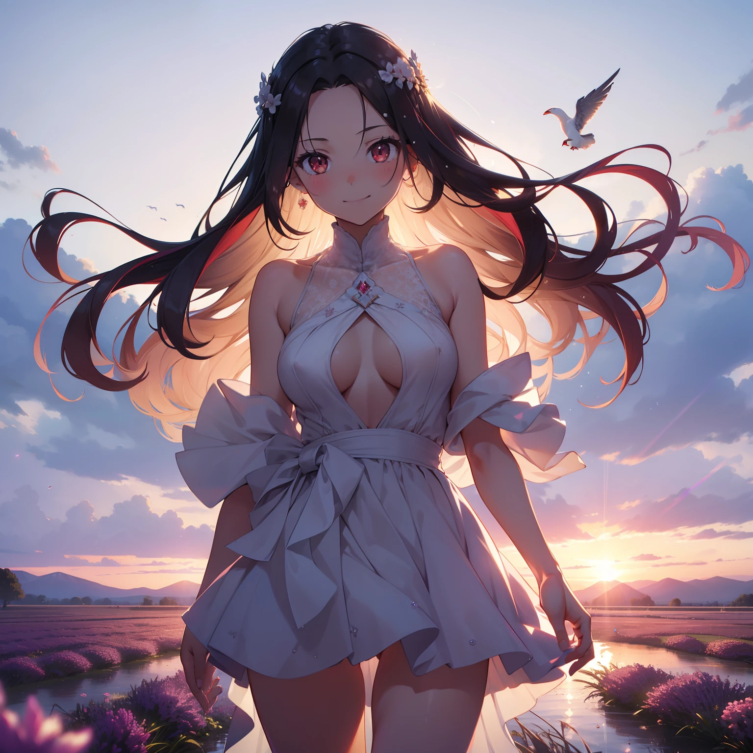 (masutepiece,Best Quality,8K),(extremely detailed CG1.1),Girl standing on the surface of the water emitting a beautiful light,Smile,large boob,(From below:1.2),Intricate details , Hyper realistic, Perfect Anatomy,A dark-haired,Red Eyes,(((Forehead))),Permed hair with wavy hair,(((length hair))),Hair over one eye,hair slicked back,(((Standing))),Full body,weddingdress,blush,Happy smile,Calm lavender fields as far as the eye can see, Water droplets,Lens Flare,Wind,Magnificent view,(chromatic abberation:1.3),Dynamic Angle,bird flocks,Cowboy Shot,Looking at Viewer,NSFW