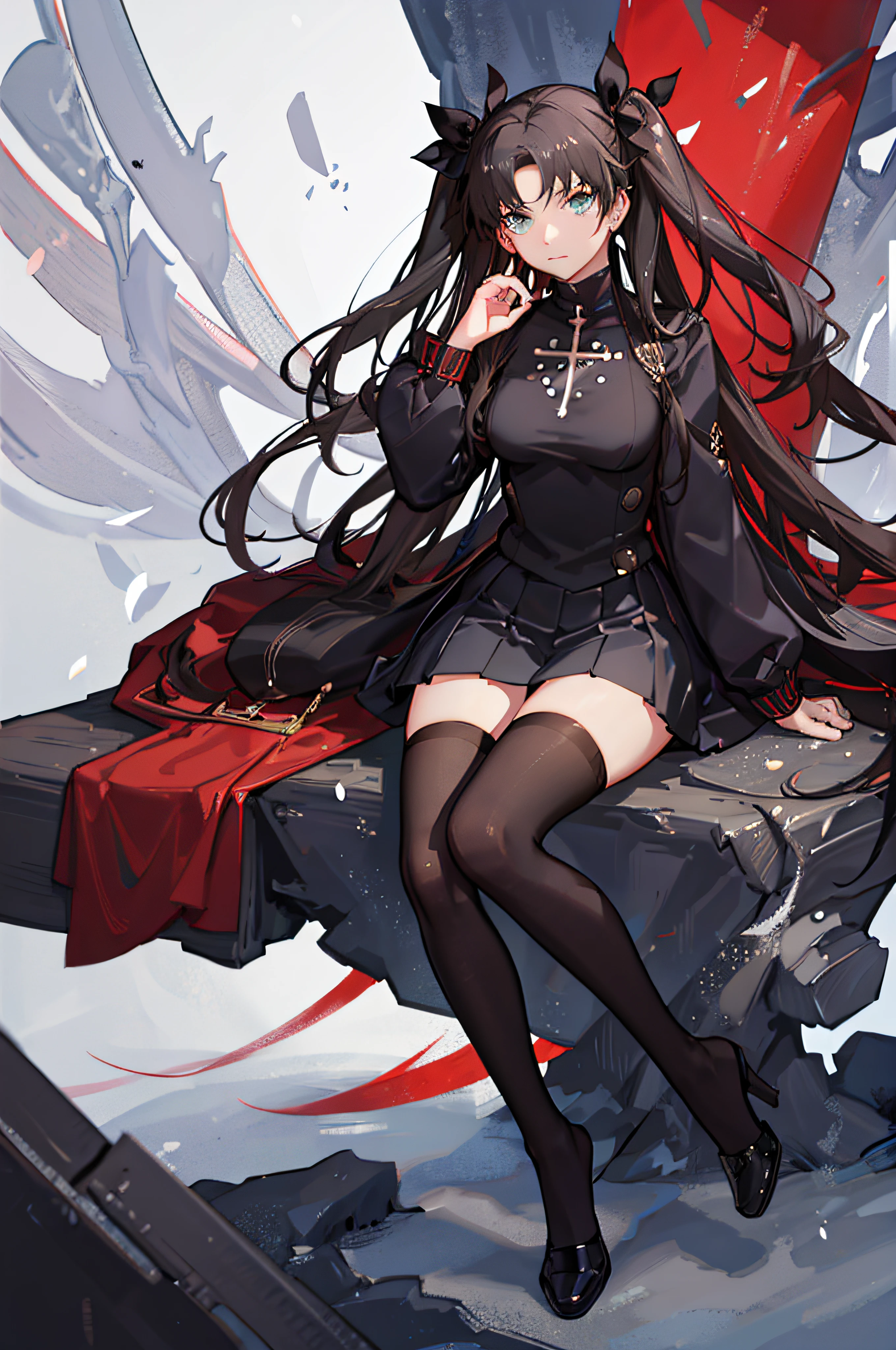 Anime girl sitting on a rock with a red cape - SeaArt AI