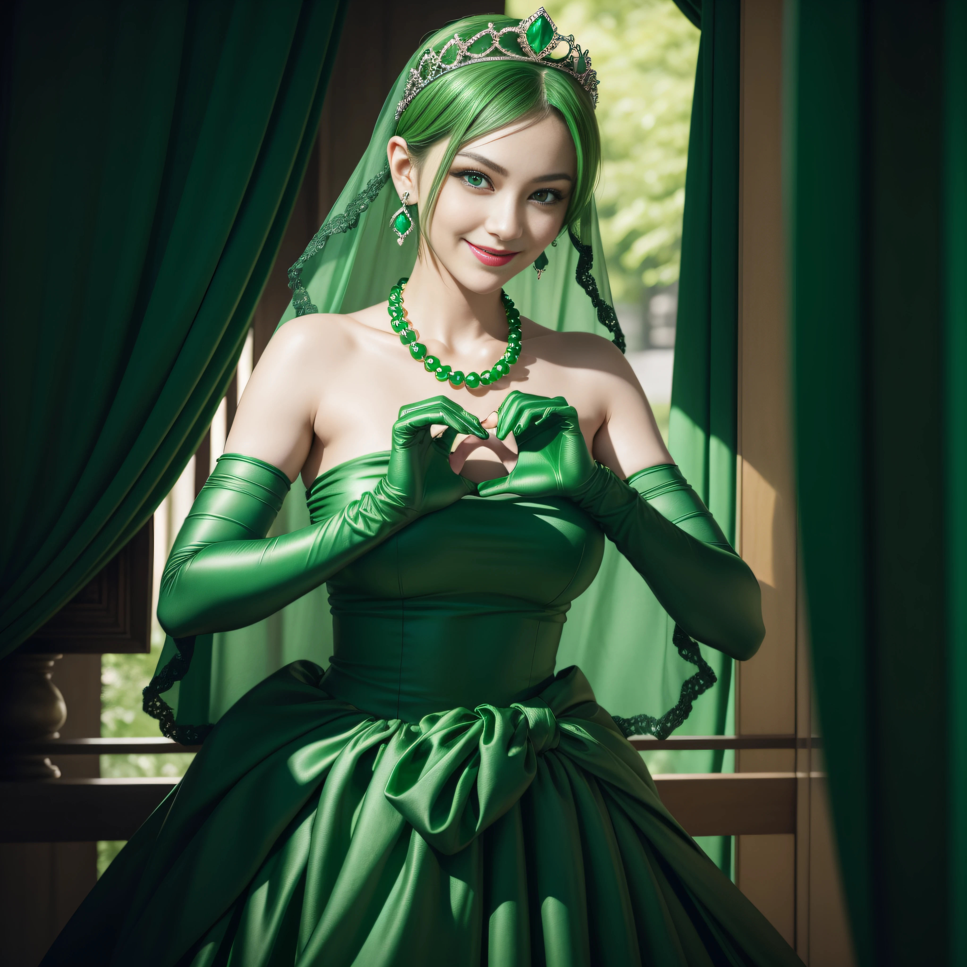 emerald tiara, Green Pearl Necklace, Boyish very short green hair, lipsticks, Japan woman smiling, very short short hair, big breasts beautiful, Green eyes, Long green gloves made of satin material, Green eyes, Emerald Earrings, green vale, Heart with both hands
