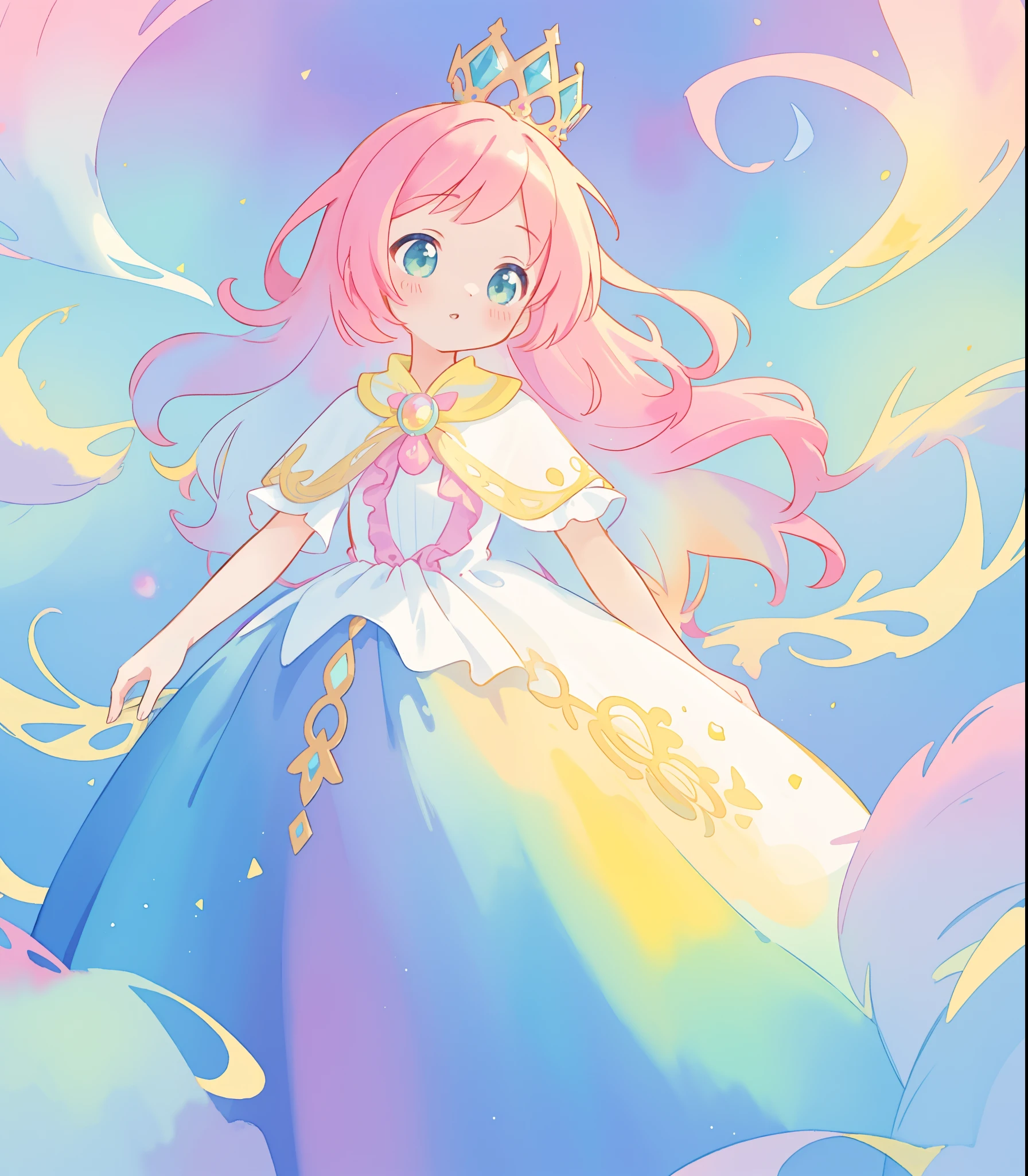 beautiful girl in flowing colorful gradient ballgown, puffy multi-layered ballgown, long flowing colorful hair, vibrant pastel colors, colorful, watercolor illustration, masterpiece, best quality, sharp focus, intricate detail, highly detailed, 8k resolution, beautiful face, golden ratio, perfection, fantasia background, otherworldly, whimsical, magical