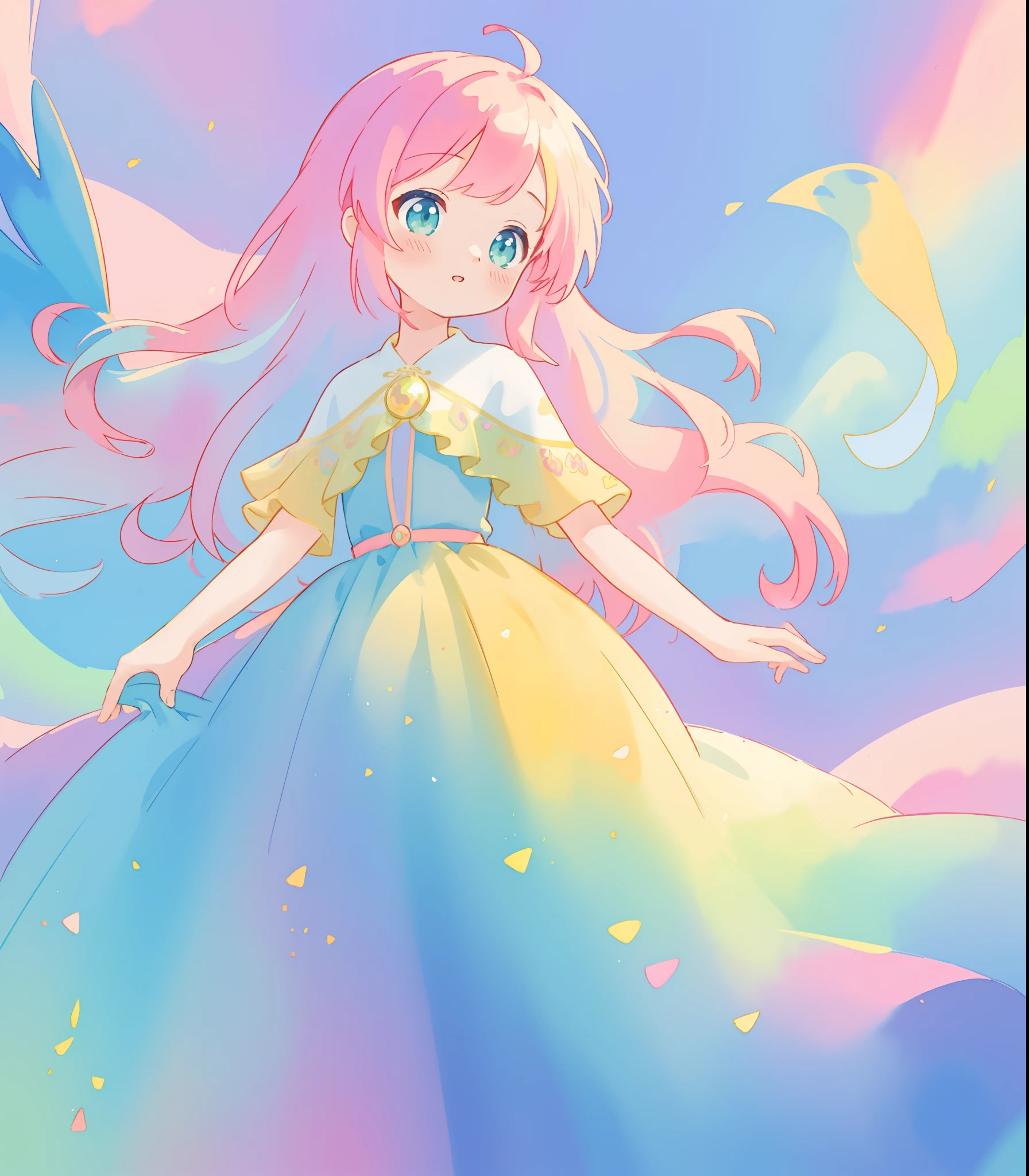 beautiful girl in flowing colorful gradient ballgown, puffy multi-layered ballgown, long flowing colorful hair, vibrant pastel colors, colorful, watercolor illustration, masterpiece, best quality, sharp focus, intricate detail, highly detailed, 8k resolution, beautiful face, golden ratio, perfection, fantasia background, otherworldly, whimsical, magical