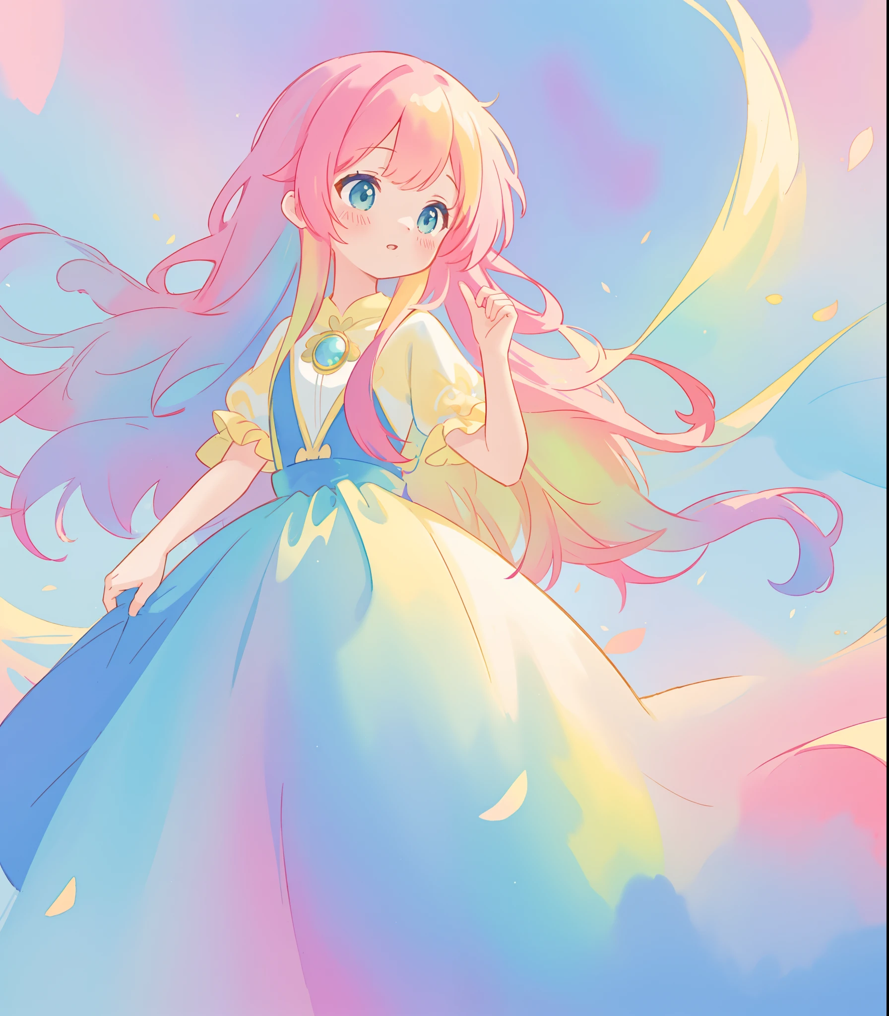 beautiful girl in flowing colorful gradient ballgown, puffy multi-layered ballgown, long flowing colorful hair, vibrant pastel colors, colorful, watercolor illustration, masterpiece, best quality, sharp focus, intricate detail, highly detailed, 8k resolution, beautiful face, golden ratio, perfection, fantasia background, otherworldly, whimsical, magical