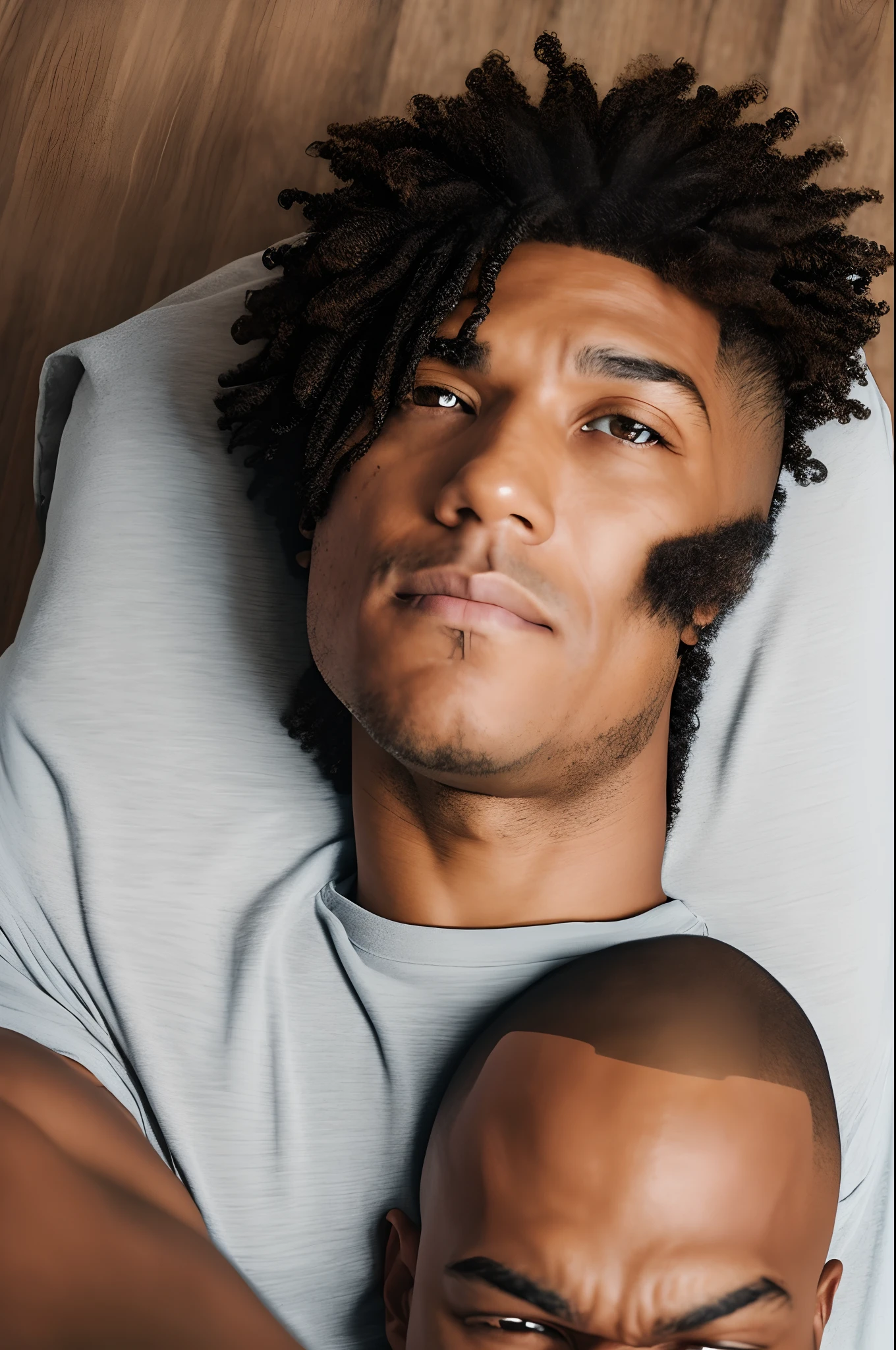 fluffy hair boy laying down face not showing