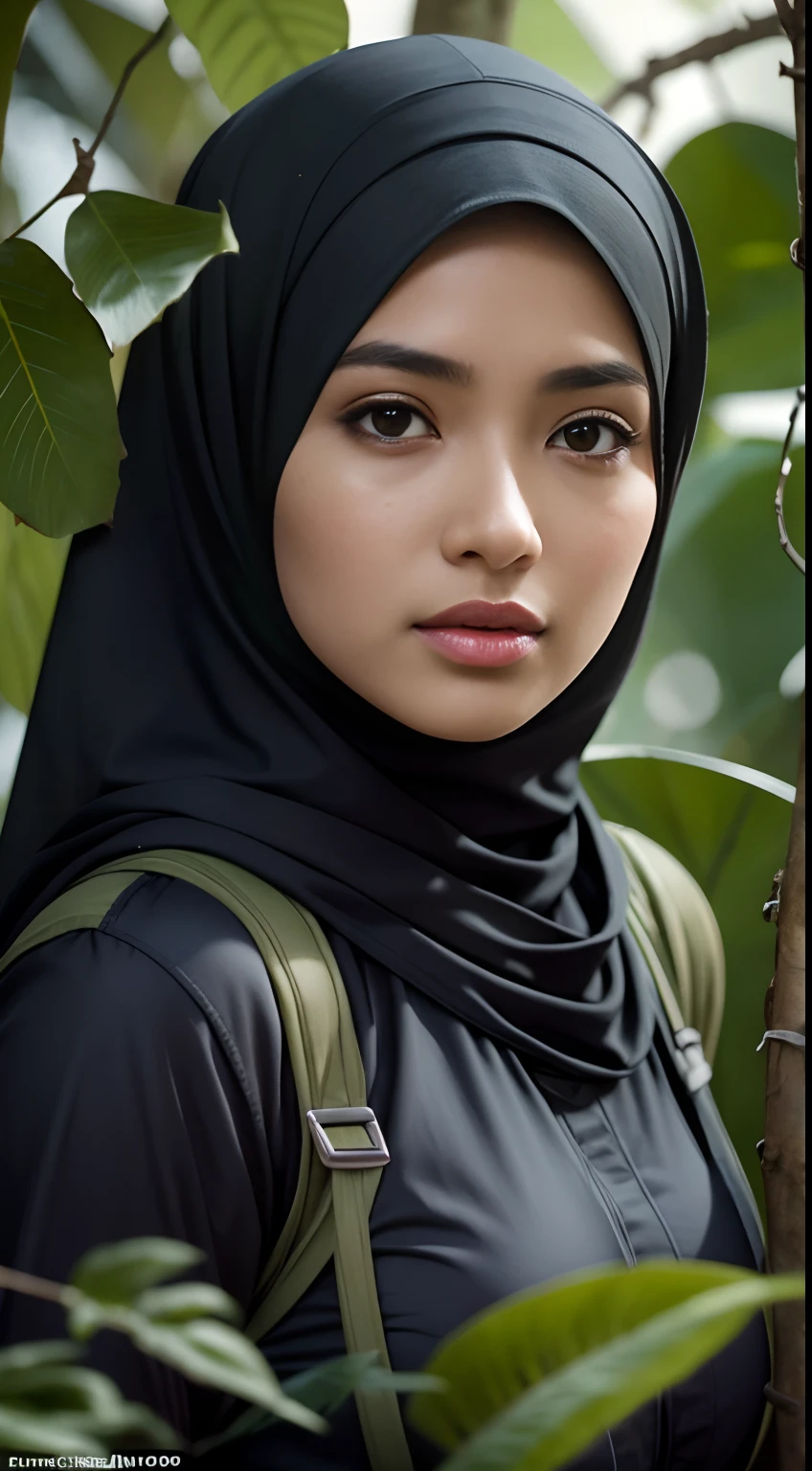 RAW, Best quality, high resolution, masterpiece: 1.3), beautiful Malay woman in hijab (iu:0.8),Best quality, high resolution, Masterpiece: 1.3, Beautiful hijabi malay girl, Masterpiece, Soft smile, Realistic, 1girl, charming eyes, glowing eyes,parted lips, big breast, Beautiful adult woman in hijap, full-length, beautiful figure, aesthetics of the female body, savage from the islands, hunter of mysterious creatures, observing the creature, in ambush, studying the creature found, in ranger clothes, with a large backpack, detailed clothes, many pockets, many belts, everything is hung with gadgets, catches small mysterious creatures, hunts small creatures, mysterious forest, beautiful forest, nature surrounded by flowers, tender leaves and branches surrounded by fireflies (natural elements), (jungle theme), (leaves), (branches), (fireflies), (particle effects), etc.3D Octane rendering, ray tracing, super detailing viewer, closeup