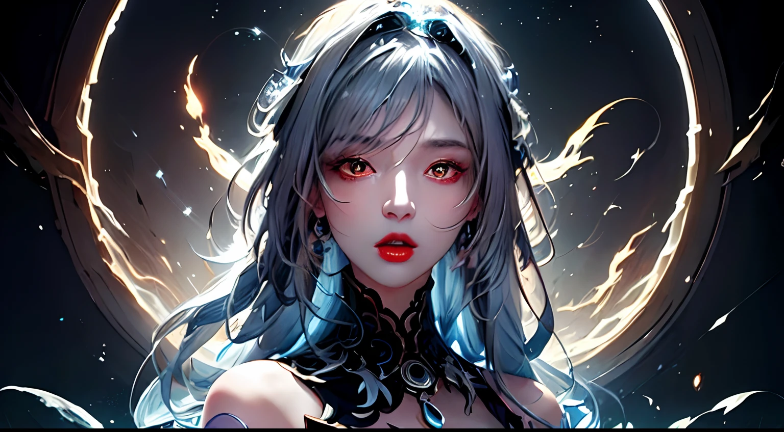 Jingliu Hsr,1 27 year old girl, zodiac goddess from the future,zodiac era style Ancient period,Luxurious Glittering Zodiac Style, Dark and Mysterious Version, Exposed clothes,Zodiac Crown, Red Lipstick Lips, Thin and Beautiful Lips, Open mouth, licking lips milk on the lips, Intricate Details, Detailed background of the Chinese emperor's palace, very detailed, light magic, clear face, long hair with blue bangs, ruby red eyes, detailed beautiful face and proportional eyes, (transparent yellow eyes: 1.8), big round eyes and very beautiful and detailed makeup, foresight, dress silk, mysterious makeup, light double bangs dyed reddish blue ,upper portrait, portrait of the goddess of the zodiac, arms hanging loose, Realistic and clear photo, (stars form the zodiac : 1.7), (zodiac sky background and fictional time and space portal: 1.8), fiction art, RAW photos, hanfu pictures, best photos, best photo quality, 8k quality, 8k ultra, super realistic, most economical real photos, goddess pose sexy and seductive,