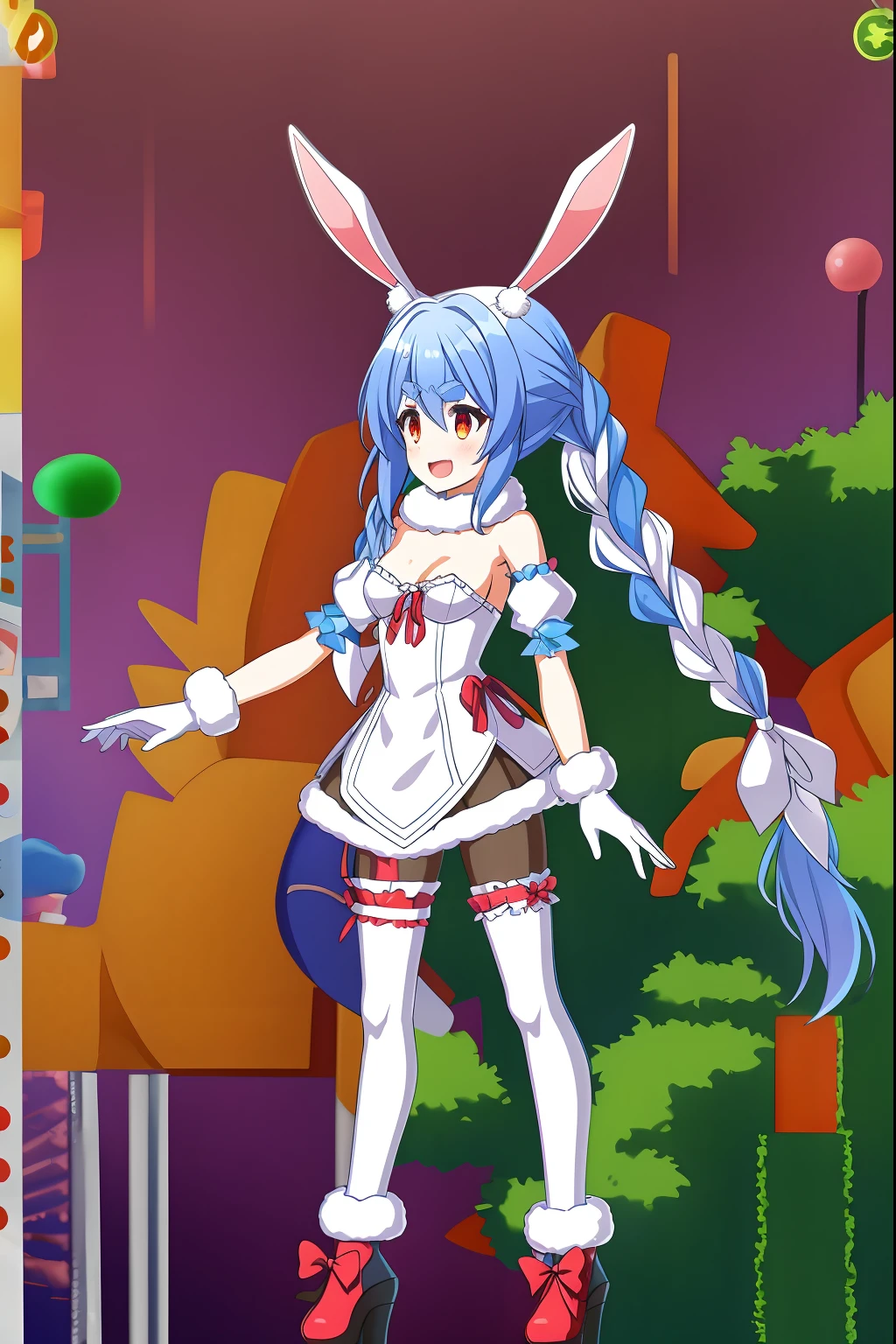 photo of a iom girl, thick eyebrows, smile, open mouth, white sleeves, fur-trimmed dress, red eyes, long hair, ribbon, strapless, thigh strap, fur scarf, rabbit girl, leotard under clothes, puffy short sleeves, detached sleeves, bare shoulders, small breasts, carrot hair ornament, white dress, white hair, twin braids, blue hair, fur-trimmed gloves, don-chada pekora), multicolored hair, rabbit ears, pantyhose, fur trim, usada pekora, virtual youtuber, 1girl, ufotable screen cap, fgo sprite:1.5, full body, standing, black background, simple background, looking afar,