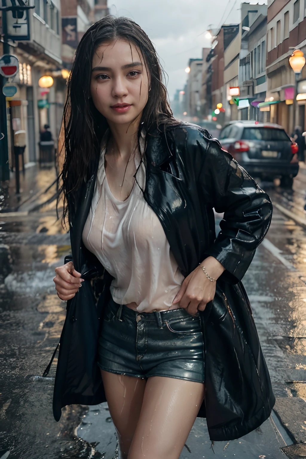 Korean Woman walking ((on city street)), ((fully clothed)), ((overcoat)), white shirt, ((barefoot)), jewelry, large earrings, closeup fantasy with water magic, housewife, late night, dark, busy street, cinematic, playful, gentle smile, clothes made of water, photorealistic, dripping wet, beautiful realistic photo, hyperrealistic fantasy photo, close up, narrow depth of field, 8k, ((drenched)), ((soaked)), (dripping water), dripping oil, heavy clothes, soaked in oil, medium breasts, wet street, wet all over, wet dripping hair, varied poses, portrait, close-up
