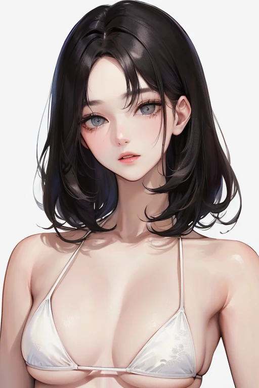 (Top resolution、Distinct_image)top-quality、femele、masterpiece、ighly detailed、Semi-realistic、Black short hair、Dark hair、grey eyes、bangss、21years old、Mature、年轻、Exquisite facial features、Facial features,White Bikini