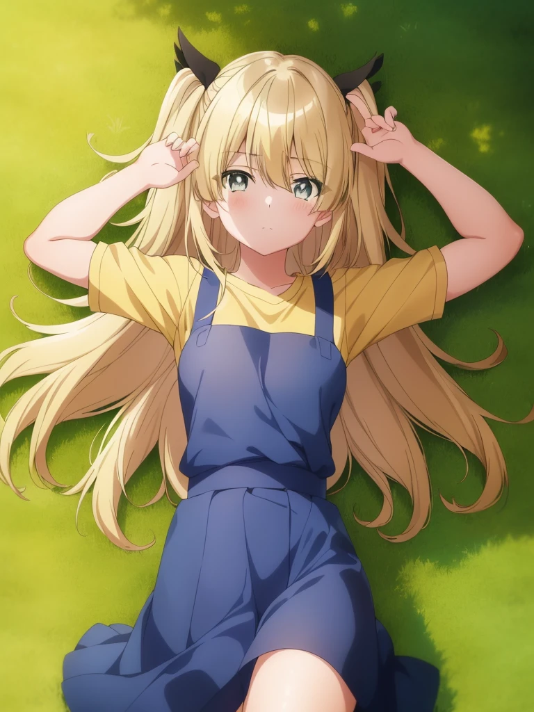 (masterpiece, best quality), anime coloring, anime_screencap, erna, 1girl, solo, looking at viewer, yellow t-shirt, twintails, closed mouth, hair ribbon, two side up, black ribbon, blue shorts, cowboy shot, expressionless, eyes visible through hair, lying, on grass, on back, arms up, spread arms,