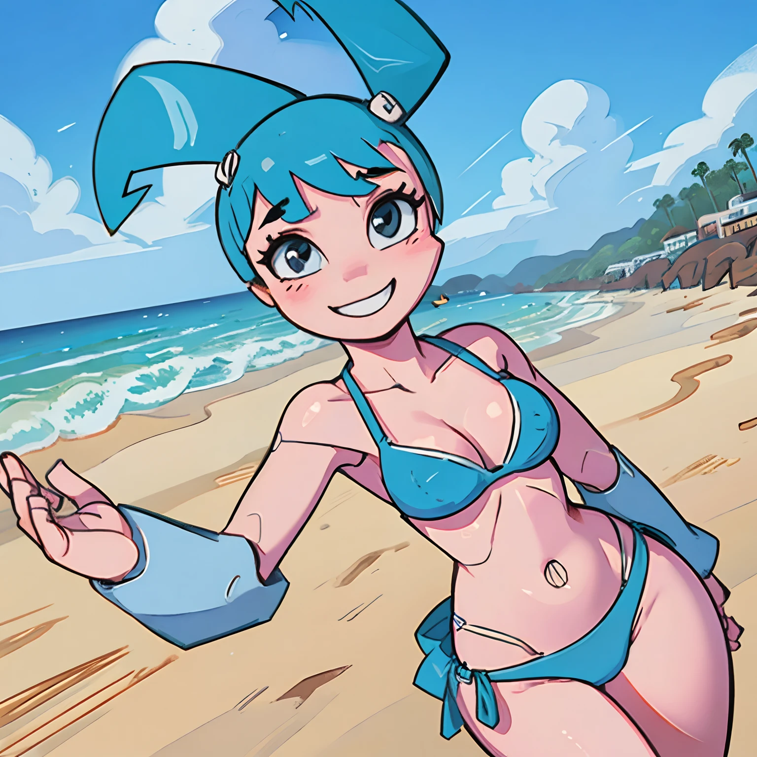 Jenny standing in beach, small blue bikini. Bent over. Cleavage. looking at viewer. Smiling. Hand on hip. Robot body, robot joints