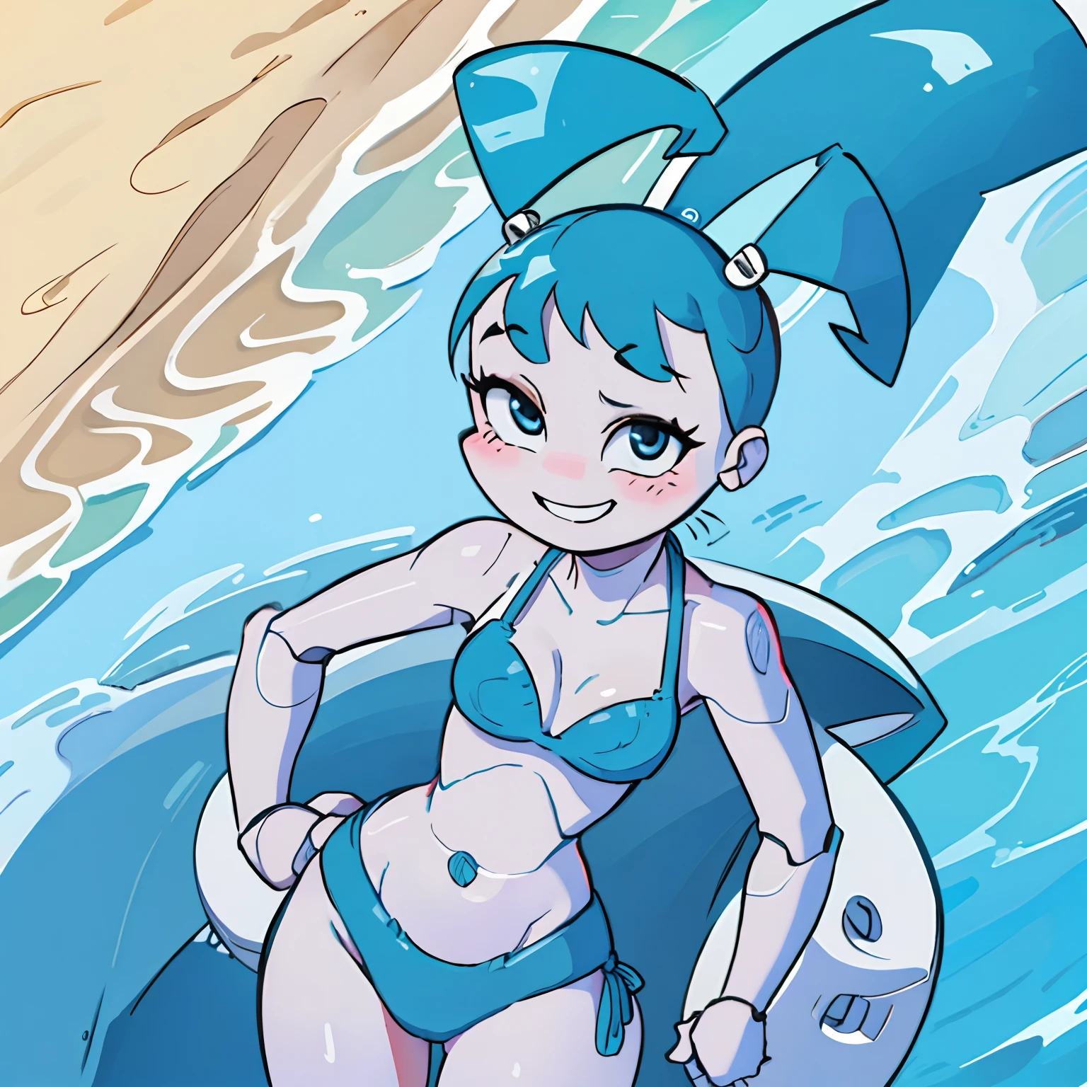 Jenny standing in beach, small blue bikini. Bent over. Cleavage. looking at viewer. Smiling. Hand on hip. Robot body, robot joints