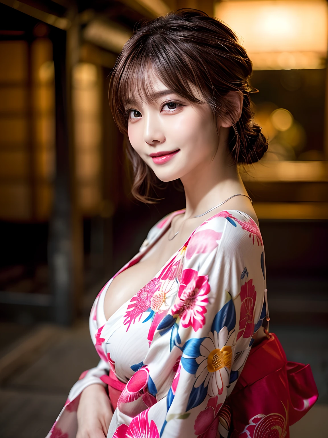 (masutepiece:1.3, Photorealsitic:1.4, 8K), top-quality, masterpiece, 超A high resolution, Perfect dynamic composition, Highly detailed skin and facial texture:1.3, A detailed eye, Detailed limbs, Spring Night Fireworks Display, sparklers, 1girl in, Cute sexy 25 year old slim woman, Fair skin, ((Sense of clarity:1.1)), ((Huge chest on the verge of bursting:1.0, Do not show areola, gigantic cleavage:1.15)), (embarrassing smile:0.9, Totally captivates you:0.9), ((Pink long-sleeved yukata:1.3, Only the shoulders are exposed)), (Beautiful blue eyes, Eyes with a sense of beauty with a sense of transparency:0.85), Sexy face:0.4, red blush:1.1, (A mouthfeel that feels beautiful eros:0.85), Professional camera work, Grow Light Effect, ((sideshot)), ((Too erotic:0.9)), Silver necklace