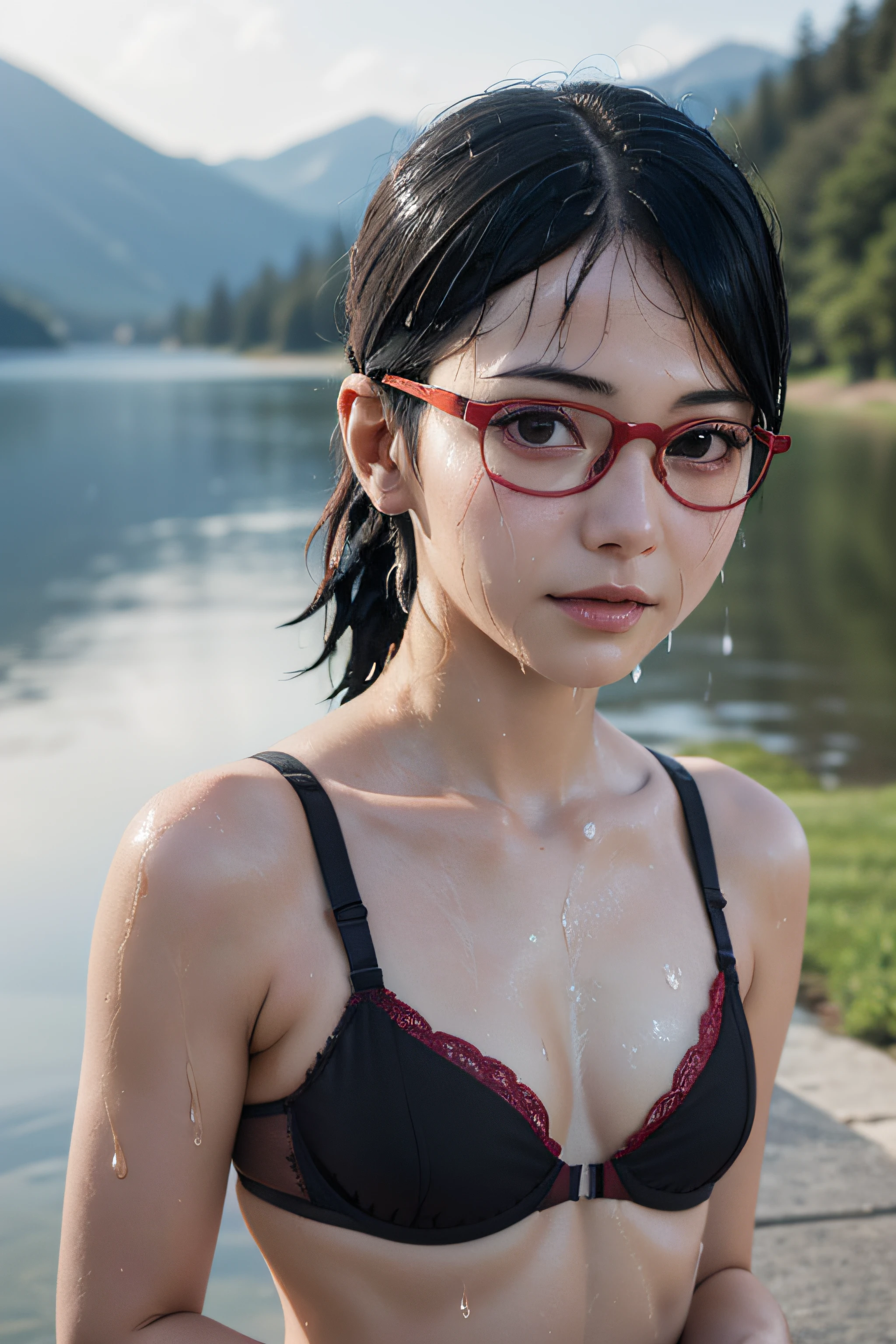 masterpiece, best quality, (realistic, photo-realistic:1.4), (RAW photo:1.2), extremely detailed CG unity 8k wallpaper, delicate and beautiful, amazing, finely detail, official art, absurdres, incredibly absurdres, huge filesize, ultra-detailed, extremely detailed, extremely detailed girl, extremely detailed eyes and face, light on face,little smile,sarada uchiha,(parted bangs:1.2),short hair,black hair,(wearing black bra:1.5),panties,(teen girl:1.7),close up,lake,(wet body:1.5),(small breast:1.1),(wearing red framed glasses:1.4),(ponytail:1.3)