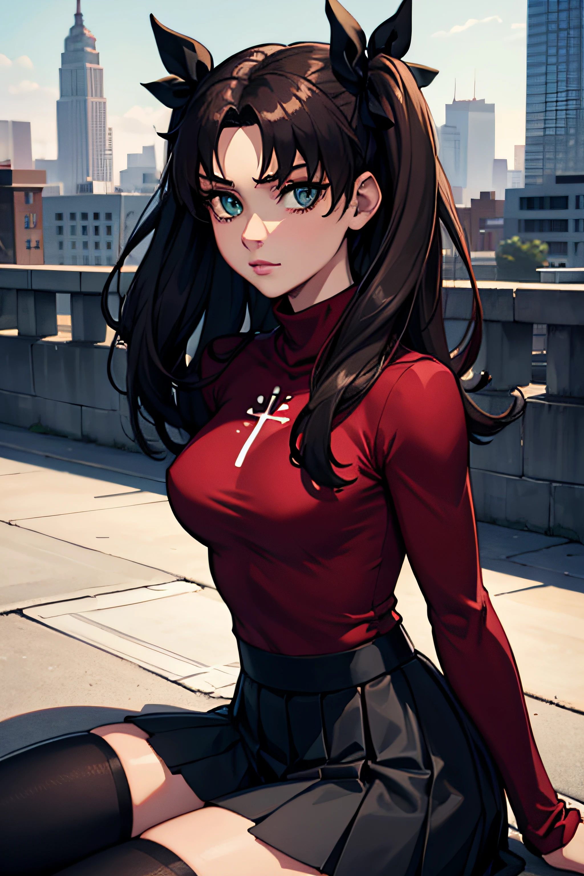 (masterpiece), best quality, expressive eyes, perfect face, 1girl, solo, rintohsaka, rin tohsaka, aqua eyes, black hair, hair ribbon, long hair, ribbon, sidelocks, two side up, black skirt, black thighhighs, long sleeves, miniskirt, pleated skirt, ((red sweater)), skirt, sweater, thighhighs, turtleneck, city background, sitting, character sheet, upper body, portrait, looking at viewer