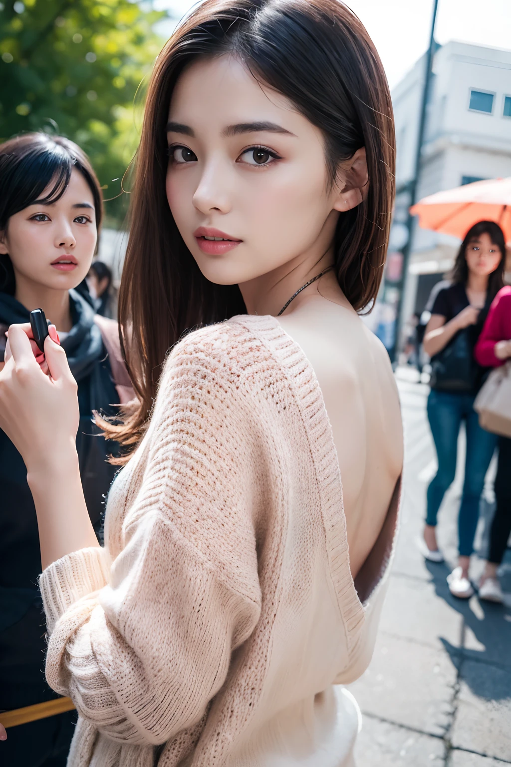(8K,RAW photo、RAW photo、top-quality、tmasterpiece:1.2)、ultra - detailed、Super resolution、(Photorealsitic:1.3)、From the angle of shooting from the front、Draw light shadows clearly、high resolution RAW color photos、professional photoshooting、Same skin type as humans、Female proofreading of Japan from head to waist、blur backgroun、Faithfully draw anatomy、very detailed and beautiful、Ultra-high image quality、Long、By bangs、Hair swaying and sexy、very detailed beautiful girls、(Pink Eye Shadow)、knitting、Sweaters、The upper part of the body、