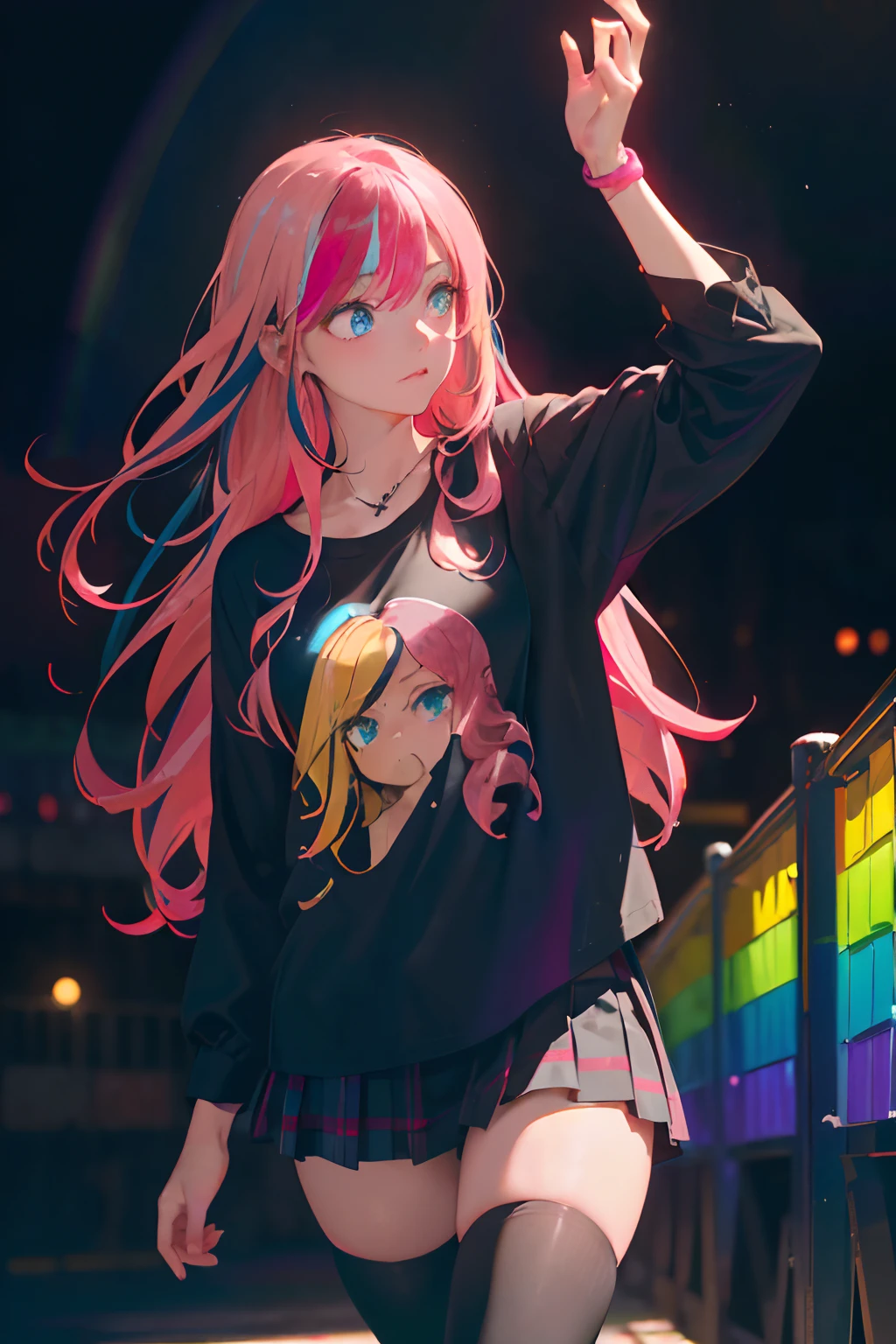 Park,Dressed, cleavage,flirting with camera,(photographrealistic:1.4), (Hyper realistic:1.4), (Realistic:1.3),(Smoother lighting:1.05), (increase cinematic lighting quality:0.9), 1girl in, a 18 year old girl, (Long pink hair, (Multicolored) Blue, Red, Yellow, Rainbow Hair:1.6),Realistic lighting, Backlighting, Light on Face, sun shining, Shiny skin, solar flare,(Blue eyes:1.4),(Brightening light:1.2), (Increase quality:1.4),(Top quality real texture skins:1.4), finely detailed eyes, finerly detailed face,(tired and sleepy and joy), close up of face, tshirts,(Increase body line mood:1.2), (Increase the beauty of skin texture:1.2)，＜Quality Improvement Prompts＞
＜Character appearance、Background and other prompts＞
(black theme:1.4), ((hip-hop style, Jirai-kei):1.4), (loose and sloppy black Wear:1.3), (tucked out oversized black T-shirt with an extended hem:1.5), (exposed T-shit hem:1.4), ((long sleeves, baggy sleeves):1.2), (black and white tartan-check pleated skirt:1.1), (black and pink striped pattern thighhighs:1.3), (necklace:1.2), (pink text on black T-shirt:1.2), (platform HIGH boots:1.1), (cross-shaped accessories:1.2),
＜expressioness、illuminating、Other Prompts＞
