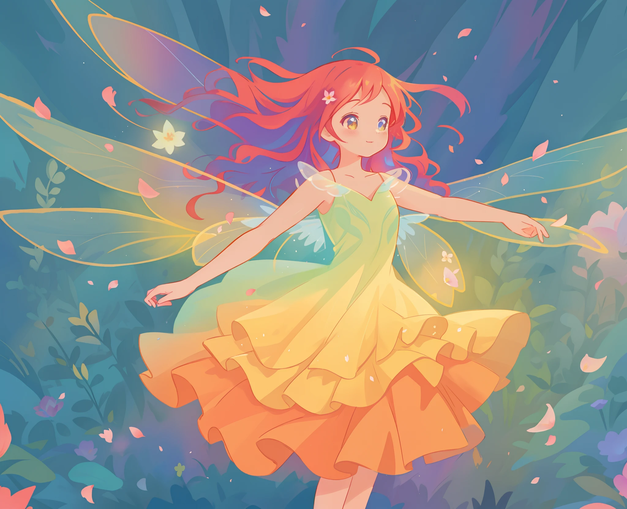 beautiful girl in tiered gradient ballgown dress, gradient warm color ballgown, ((layered flower petal skirt)), fairy dress, fairy queen, magical forest background, (glowing fairy wings), glowing flowing ballgown, long wavy hair, sparkling fairy wings, watercolor illustration, flowers and colorful plants, inspired by Glen Keane, inspired by Lois van Baarle, disney art style, by Lois van Baarle, glowing aura around her, by Glen Keane, jen bartel, glowing lights! digital painting, flowing glowing hair, glowing flowing hair, beautiful digital illustration, fantasia otherworldly landscape plants flowers, beautiful, masterpiece, best quality, anime disney style