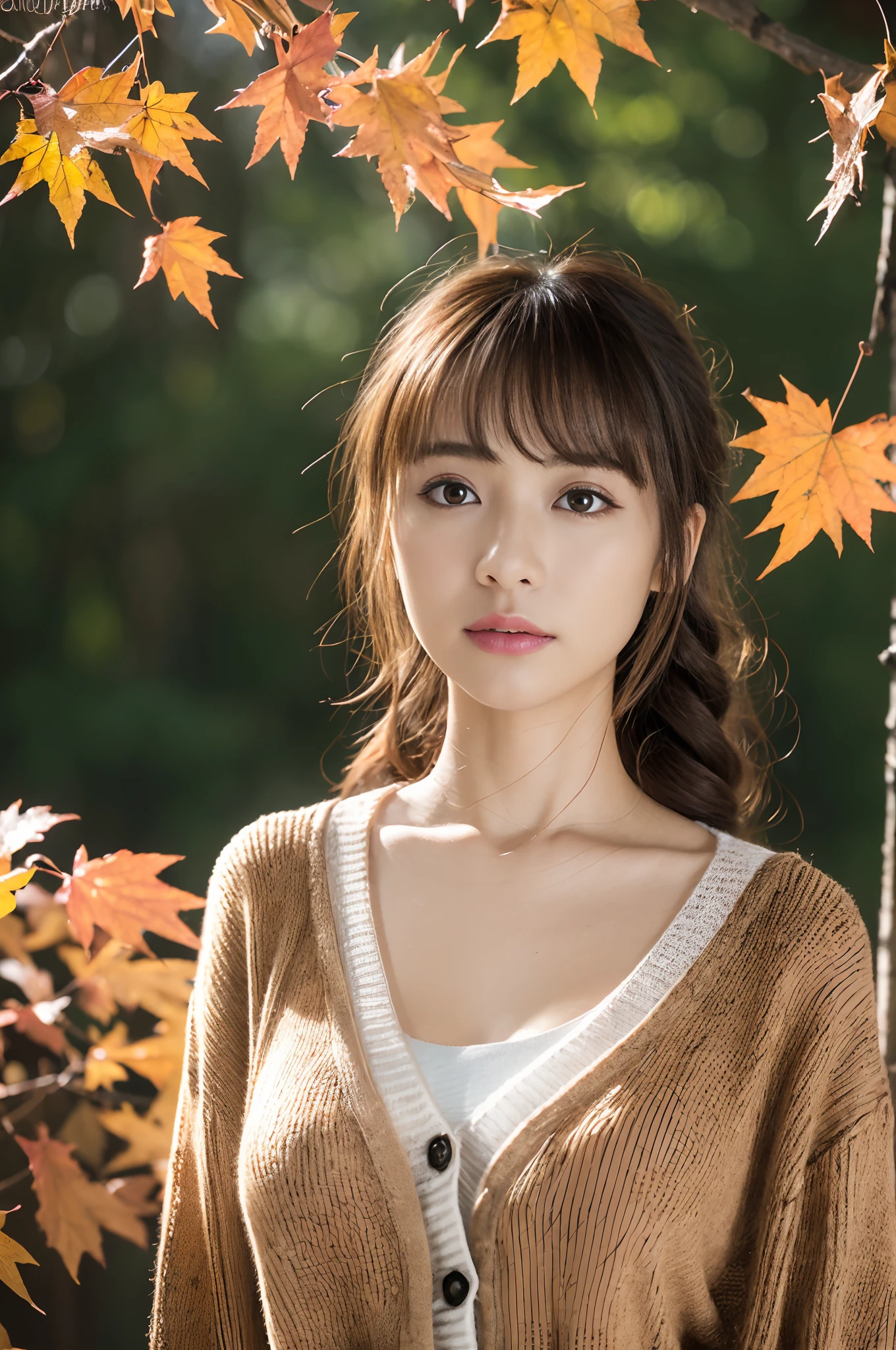 autumnal,Autumn leaf landscape、Falling leaves,lacepantyhose,((Cardigan long cardigan,Front closure、bound legs、Tight pants))、depth of fields,Real light,Ray traching,OC renderer,UE5 renderer,Hyper-realistic,best qualtiy,8K,Works of masters,super-fine,Correct anatomy、Asian women, (8K、RAW photos、top-quality、tmasterpiece:1.2)、(hentail realism、Photorealsitic:1.37)、25 age old、1 rapariga、Light brown hair、详细的脸、Detailed lips、detailedeyes、(huge-breasted:1.5)、Allafard woman,