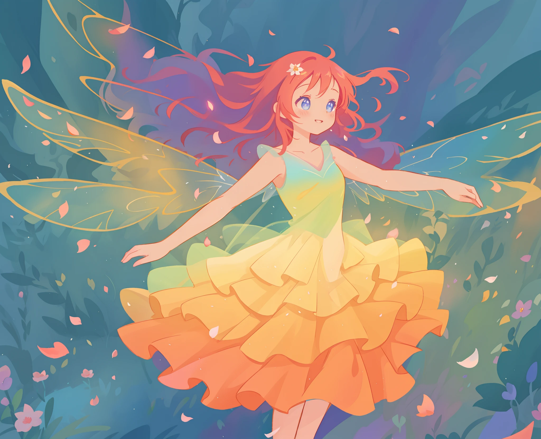 beautiful girl in tiered gradient ballgown dress, gradient warm color ballgown, ((layered flower petal skirt)), fairy dress, fairy queen, magical forest background, (glowing fairy wings), glowing flowing ballgown, long wavy hair, sparkling fairy wings, watercolor illustration, flowers and colorful plants, inspired by Glen Keane, inspired by Lois van Baarle, disney art style, by Lois van Baarle, glowing aura around her, by Glen Keane, jen bartel, glowing lights! digital painting, flowing glowing hair, glowing flowing hair, beautiful digital illustration, fantasia otherworldly landscape plants flowers, beautiful, masterpiece, best quality, anime disney style