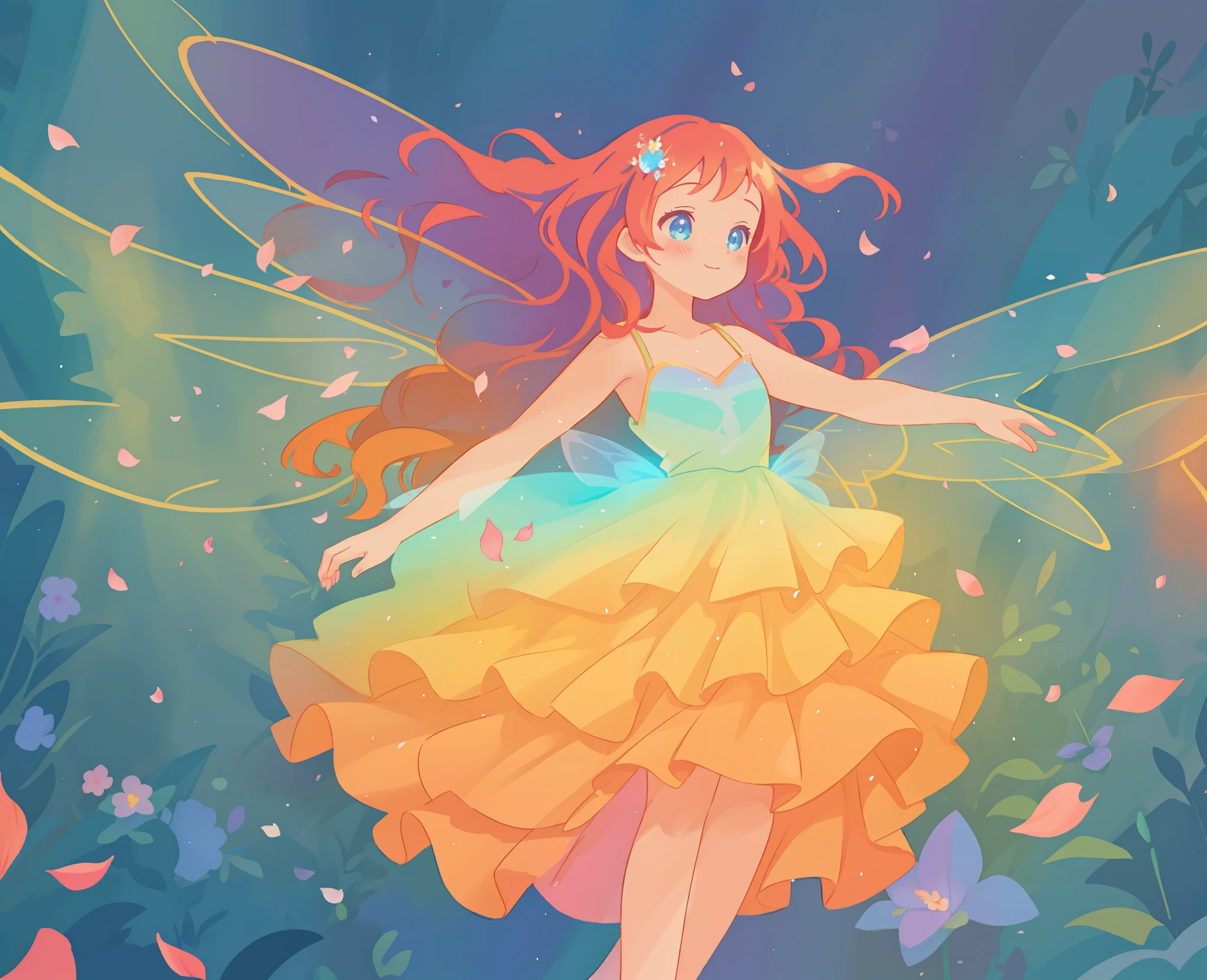 beautiful girl in tiered gradient ballgown dress, gradient warm color ballgown, ((layered flower petal skirt)), fairy dress, fairy queen, magical forest background, (glowing fairy wings), glowing flowing ballgown, long wavy hair, sparkling fairy wings, watercolor illustration, flowers and colorful plants, inspired by Glen Keane, inspired by Lois van Baarle, disney art style, by Lois van Baarle, glowing aura around her, by Glen Keane, jen bartel, glowing lights! digital painting, flowing glowing hair, glowing flowing hair, beautiful digital illustration, fantasia otherworldly landscape plants flowers, beautiful, masterpiece, best quality, anime disney style