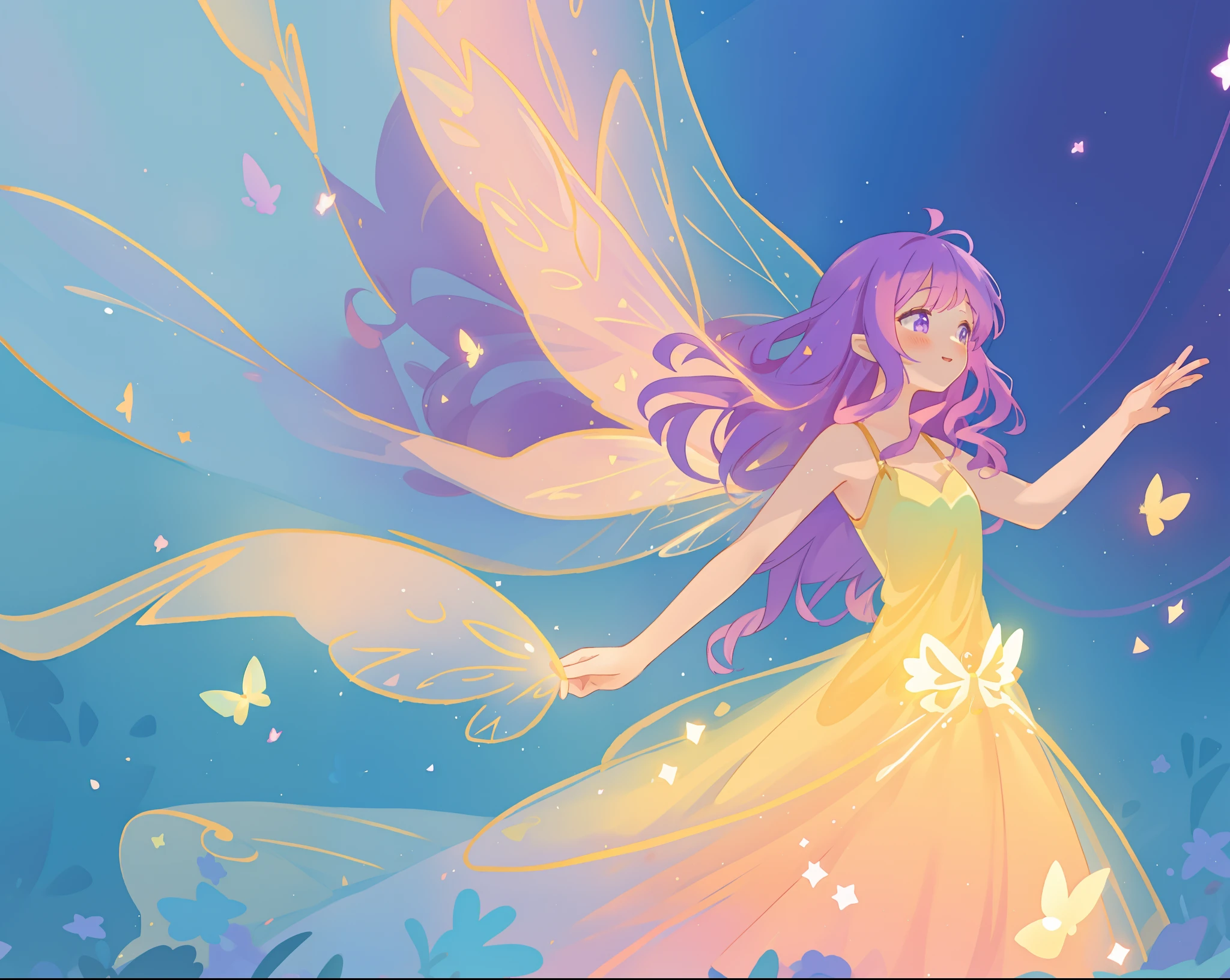 beautiful fairy girl in fluttering yellow dress, layered sparkling fairy dress, (huge sparkling pink fairy wings), long dark purple hair, fairy queen, ((magical colorful otherworldly background)), colorful fantasia background, (glowing fairy wings), glowing flowing ballgown, long hair, sparkling fairy wings, watercolor illustration, glowing aura around her, glowing lights, beautiful digital illustration, fantasia otherworldly background, beautiful, (masterpiece), best quality