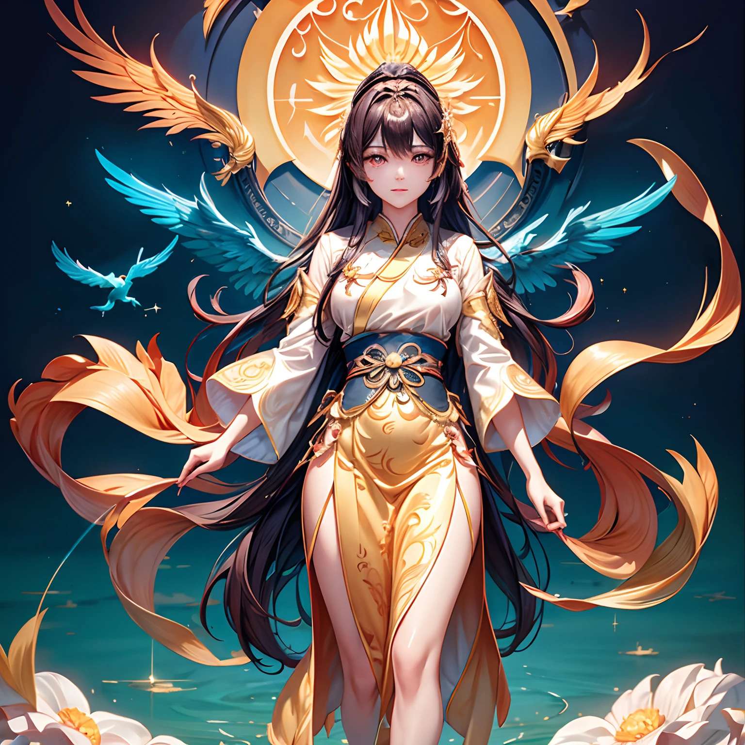 A beautiful Chinese girl standing on the water, Hazy reflections, Huge phoenix divine bird in the sky, magic, fantasy, Dynamic posture, Consists of colorful glowing flames, Delicate face, Delicate eyes, long black and golden hair, Dressed in amber and sky blue Hanfu, Delicate and intricate patterns, Ink painting, Gold gilding, Epic composition, Soft shadows, clean sharp focus, Cinematography, Center composition, Poster design, Film photography, in a panoramic view, 32k --v 6