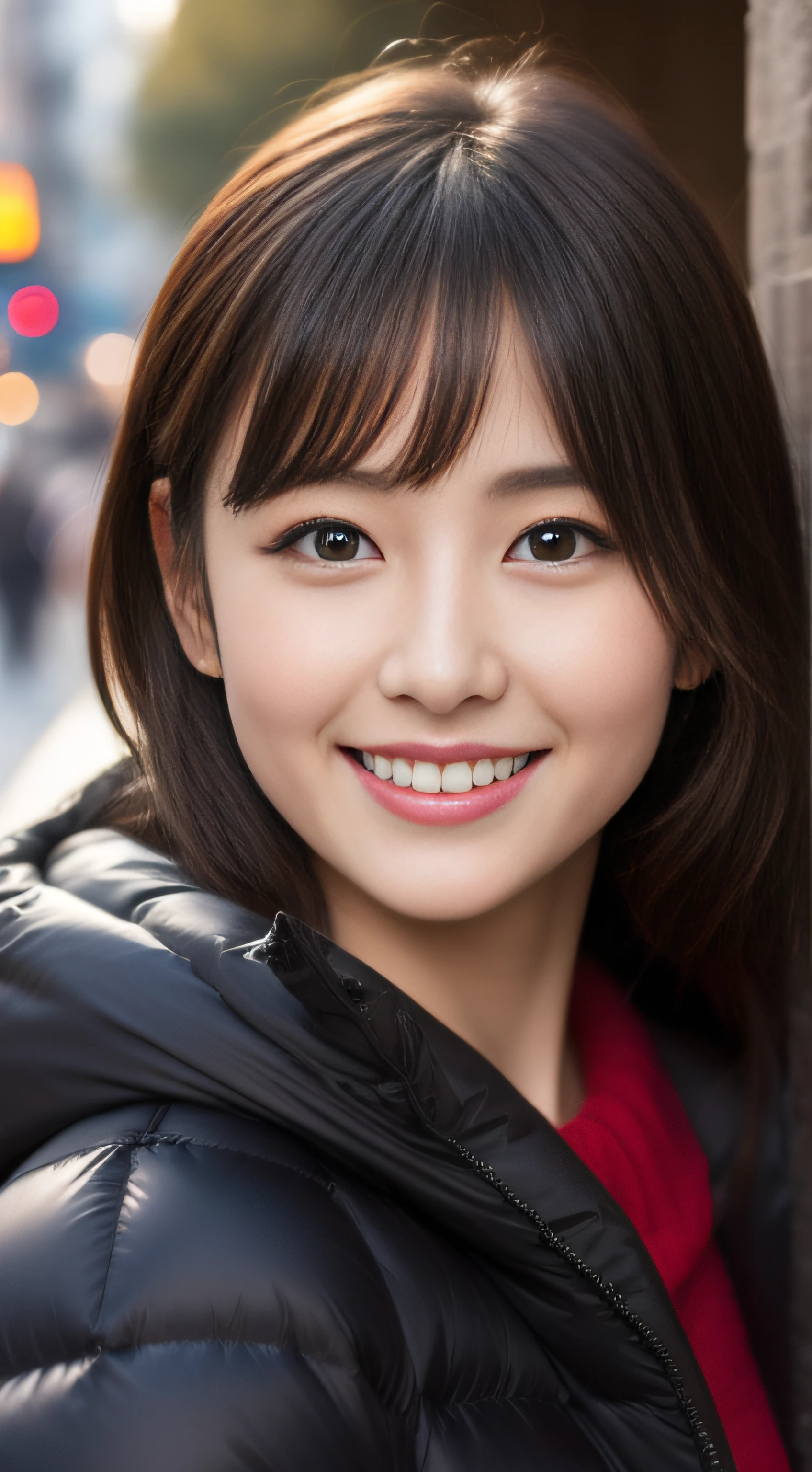 The face is a hostess、Down jacket、hiquality、A hyper-realistic、healthy、Smiling expression、Slender perfect figure、Japan beauties、beautidful eyes、face perfect、Beautiful skin、The upper part of the body、Christmas tree、street