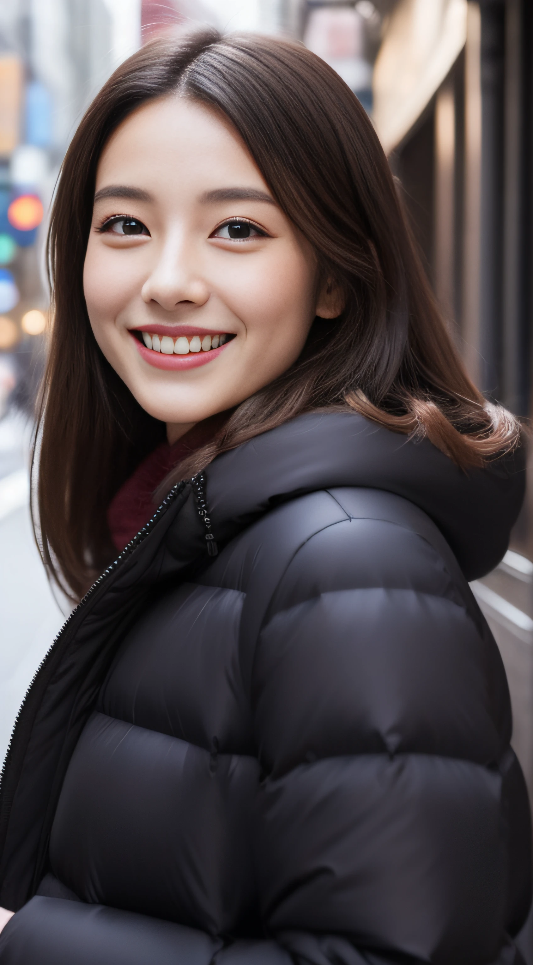 The face is a hostess、Down jacket、hiquality、A hyper-realistic、healthy、Smiling expression、Slender perfect figure、Japan beauties、beautidful eyes、face perfect、Beautiful skin、The upper part of the body、Christmas tree、street