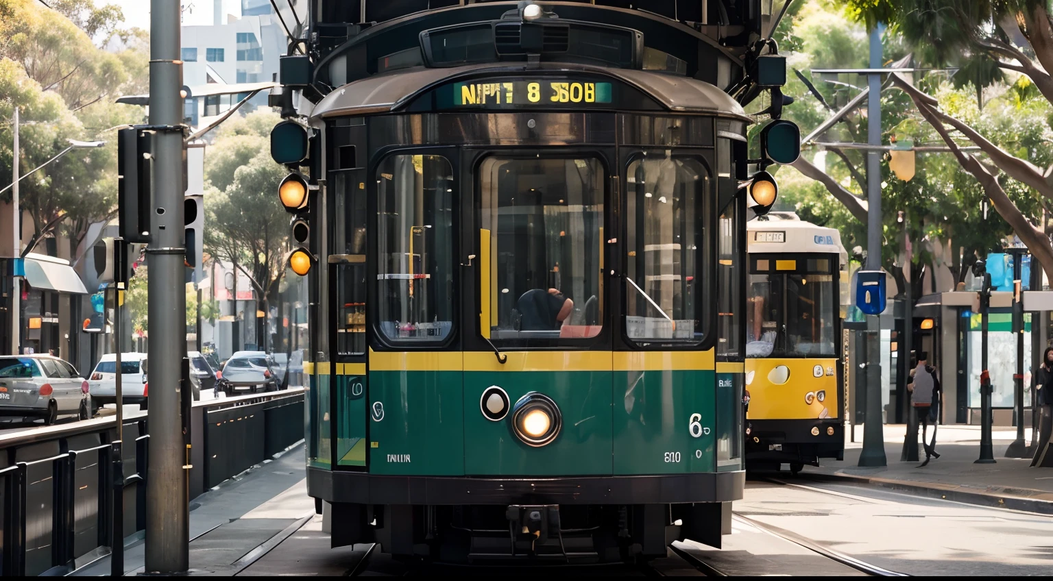 a hyper realistic photography of the City Circle Tram in Melbourne, Australia, no people, Nikon D850 DSLR 4k camera, 100mm lens, F 1.2 aperture setting, bright and natural lighting, vibrant, fun and relaxing atmosphere