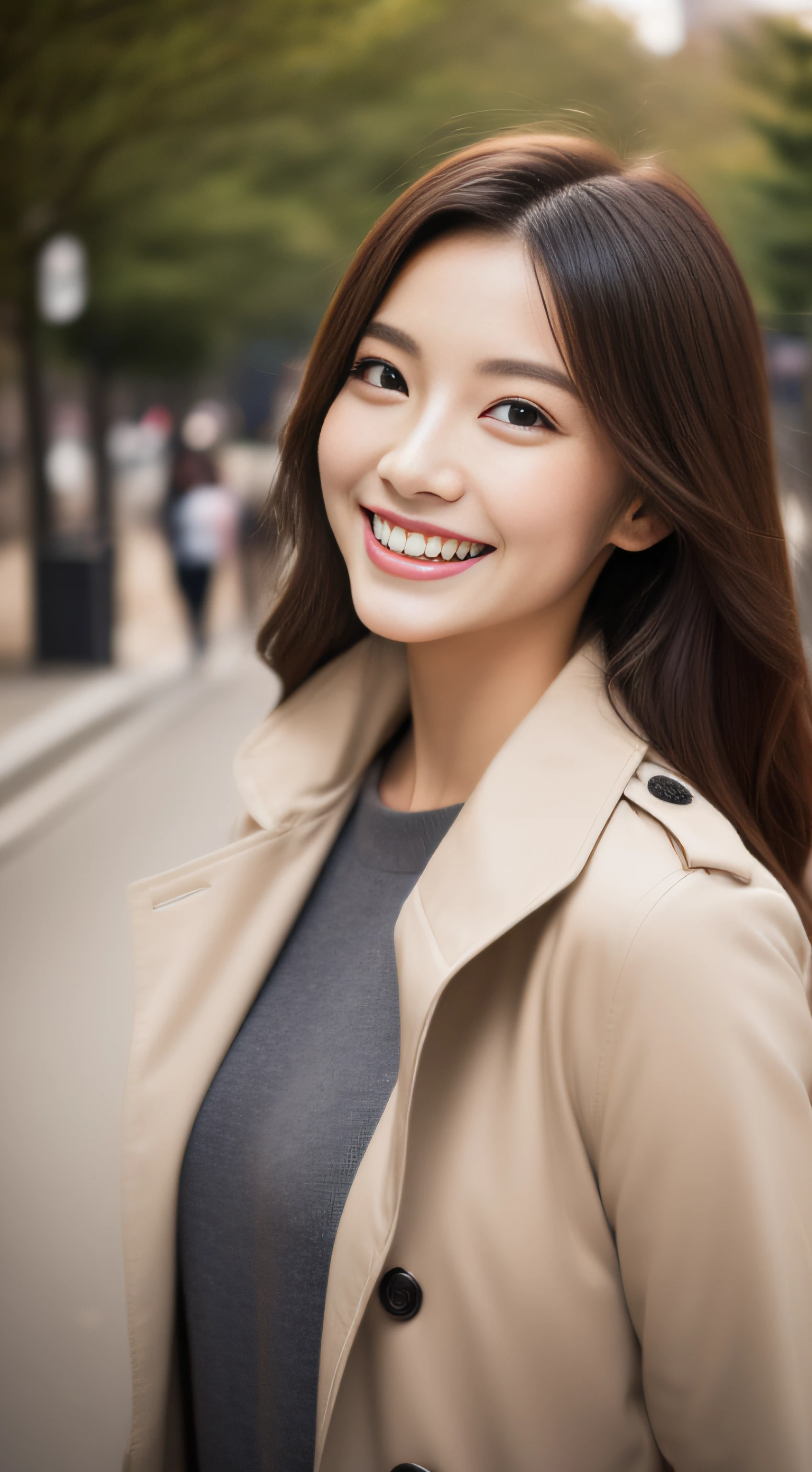 The face is a hostess、trench coat、hiquality、A hyper-realistic、healthy、Smiling expression、Slender perfect figure、Japan beauties、beautidful eyes、face perfect、Beautiful skin、The upper part of the body、Christmas tree、street