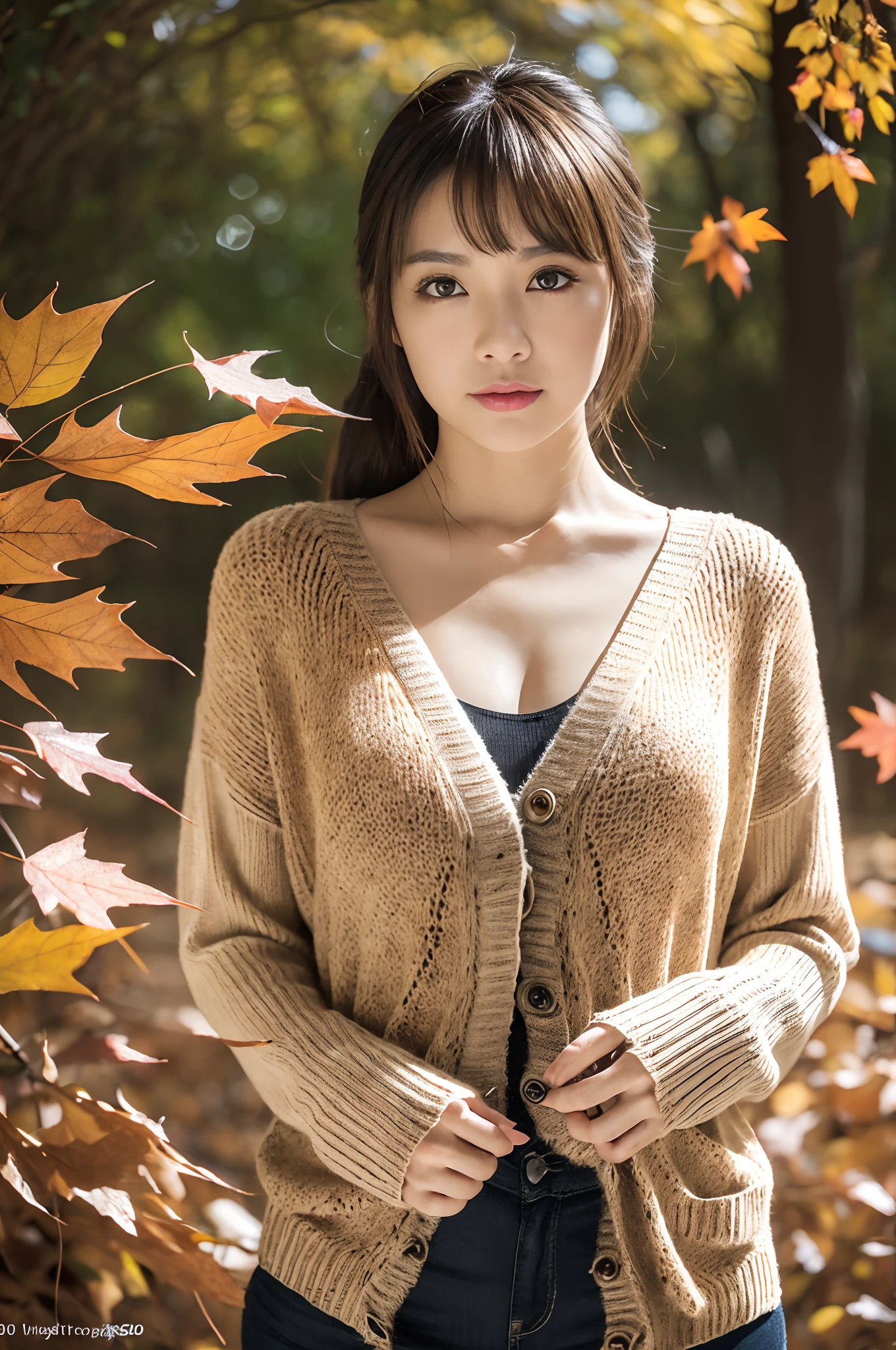 ((Highest quality, 8k, Ultra-high resolution)), ((masterpiece: 1.3)), (Perfect appearance), (Photorealism: 1.6), (JMA), (Who), (Portrait of a mature Japanese woman), (A forest path with beautiful autumn leaves: 1.2), ((Realistic skin texture)), (Fine wrinkles appear all over the skin, Dullness, Unmoisturized skin, Wrinkles around the eyes, double eyelid, Lower eyelid tear sulcus, Dimples, (corner of the eye), Thin eyebrows), Bulbous Nose, Slightly parted lips, Smiling Kindly, BREAK(Red Lip),BREAK (Autumn outfit: 1.2), (Slimming body, Small breasts, Small breasts, Flat Chest, Flaky, saggy breasts),