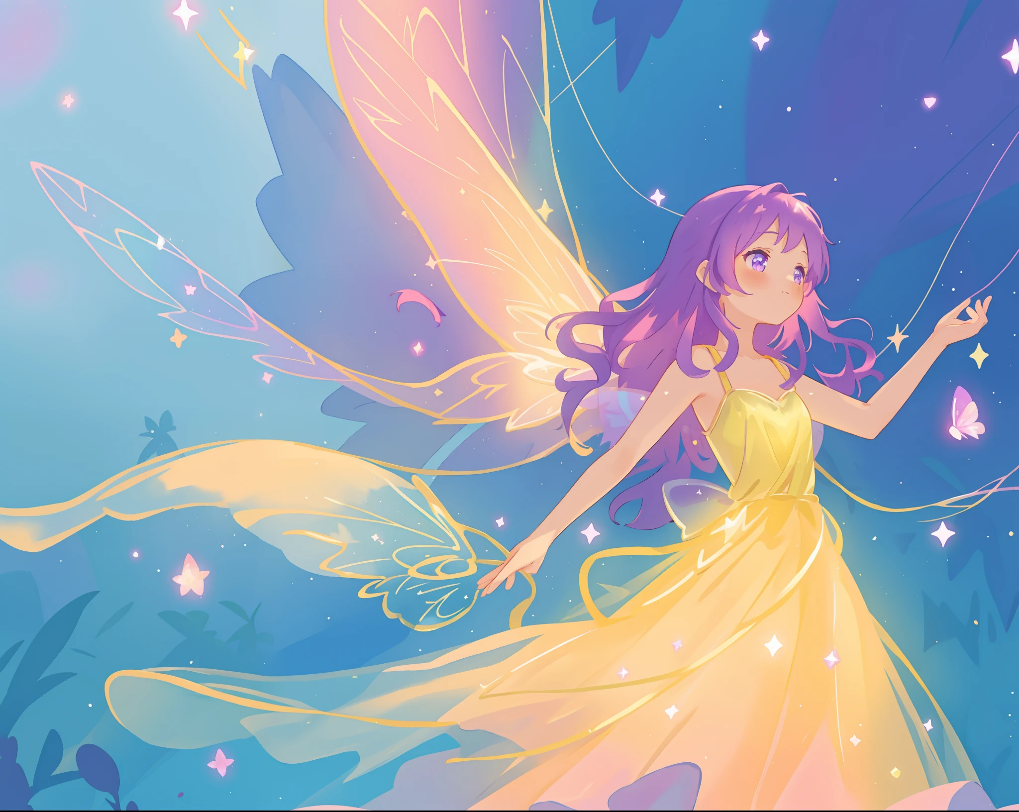 beautiful fairy girl in fluttering yellow dress, layered sparkling fairy dress, (huge sparkling pink fairy wings), long dark purple hair, fairy queen, ((magical colorful otherworldly background)), colorful fantasia background, (glowing fairy wings), glowing flowing ballgown, long hair, sparkling fairy wings, watercolor illustration, glowing aura around her, glowing lights, beautiful digital illustration, fantasia otherworldly background, beautiful, (masterpiece), best quality