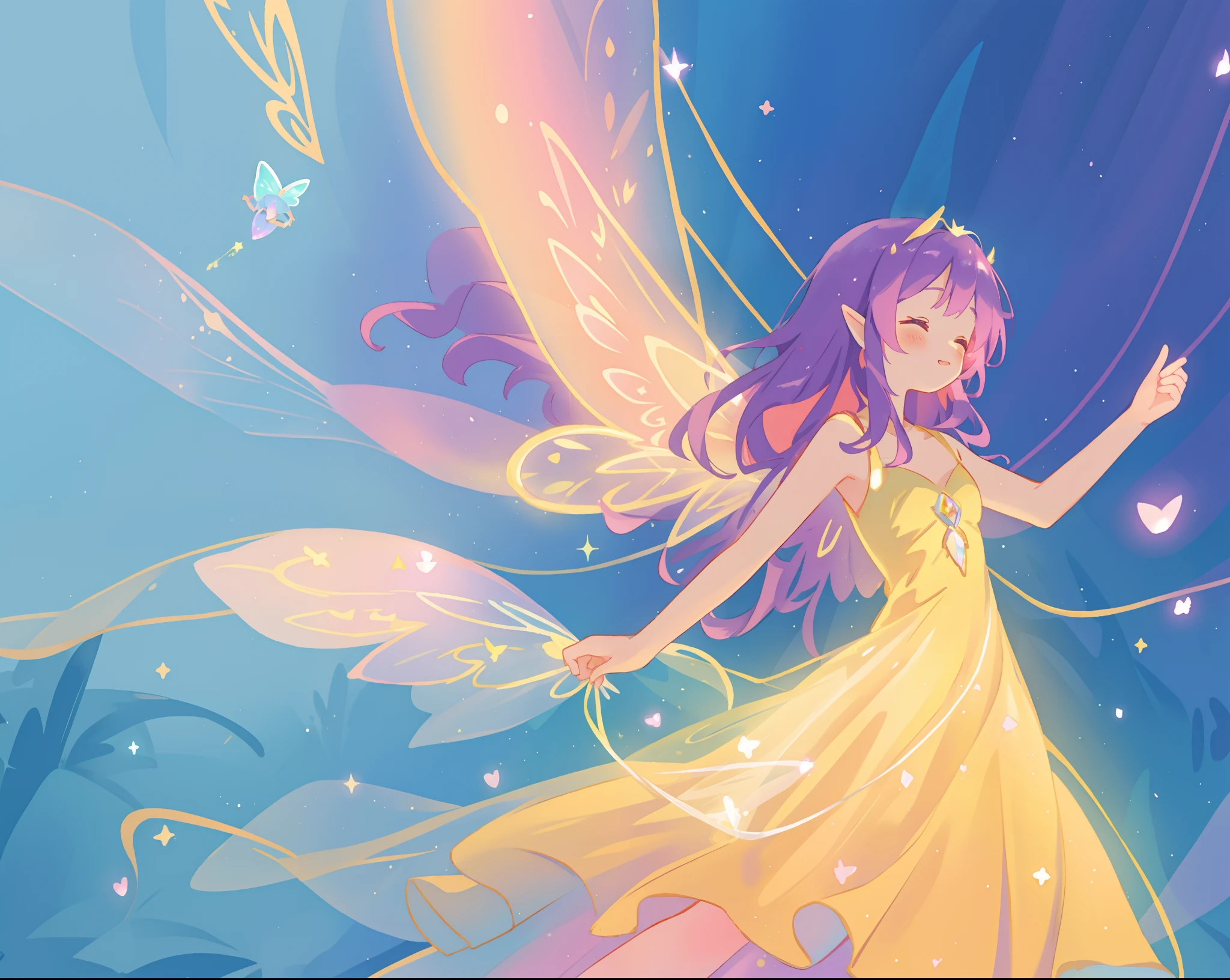 beautiful fairy girl in fluttering yellow dress, layered sparkling fairy dress, (huge sparkling pink fairy wings), long dark purple hair, fairy queen, ((magical colorful otherworldly background)), colorful fantasia background, (glowing fairy wings), glowing flowing ballgown, long hair, sparkling fairy wings, watercolor illustration, glowing aura around her, glowing lights, beautiful digital illustration, fantasia otherworldly background, beautiful, (masterpiece), best quality