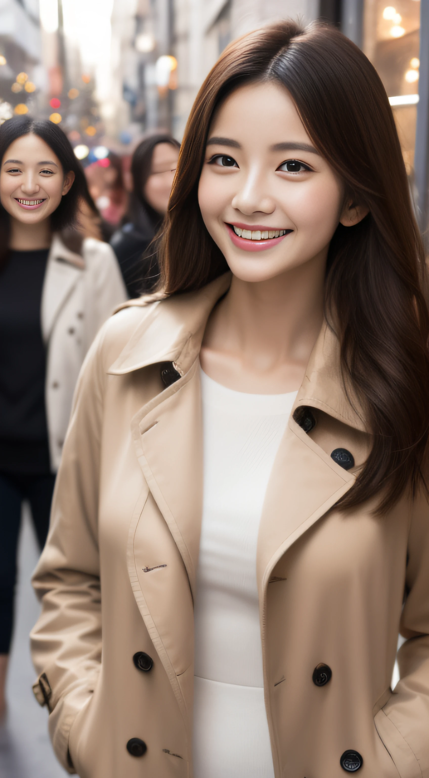 The face is a hostess、trench coat、hiquality、A hyper-realistic、healthy、Smiling expression、Slender perfect figure、Japan beauties、beautidful eyes、face perfect、Beautiful skin、The upper part of the body、Christmas tree、street