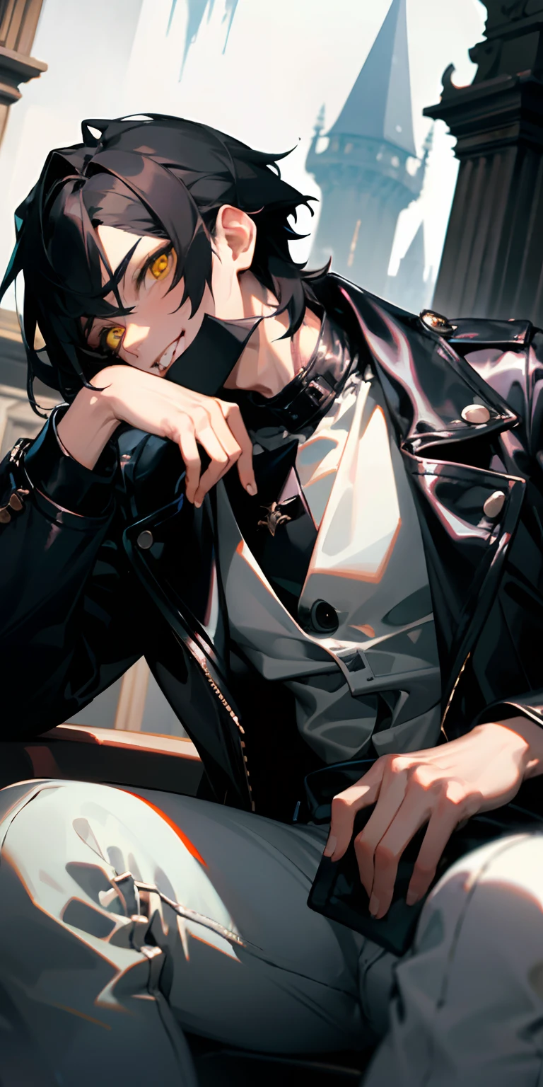 (masterpiece, best quality),1guy, short black hair pushed back, yellow eyes, seductive gaze, vampire aesthetic, Gothic castle background, black leather jacket, white shirt, blue jeans, absurdres, highres, ultrasharp, 8K, looking at viewer, fangs, smiling