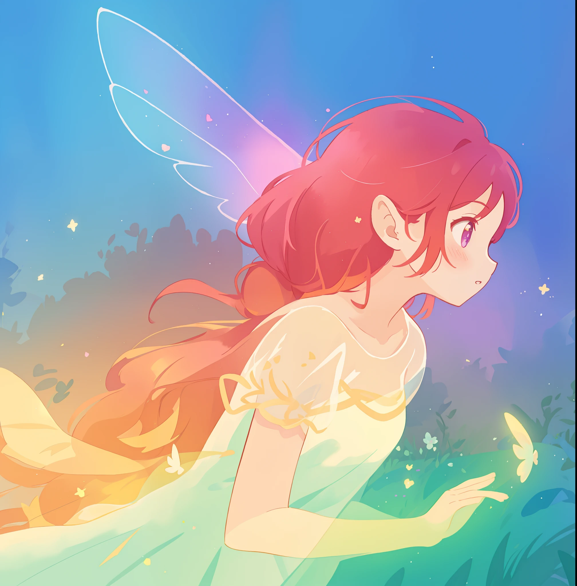 beautiful fairy girl in sparkling dress, glowing ballgown, long red peach hair, colorful fantasia background, fairy wings watercolor illustration, disney art style, glowing aura around her, glowing lights, beautiful digital illustration, fantasia otherworldly landscape plants flowers, beautiful, masterpiece, best quality, anime disney style
