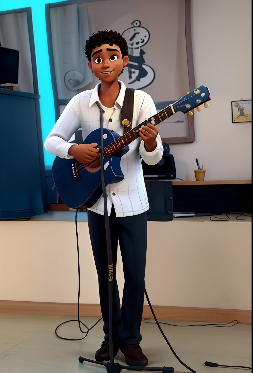 Um menino de pele escura, 15 year com violão preto old with curly hair playing guitar with Jesus behind, com roupas sociais, baseado nos desenhos da Pixar em 3D