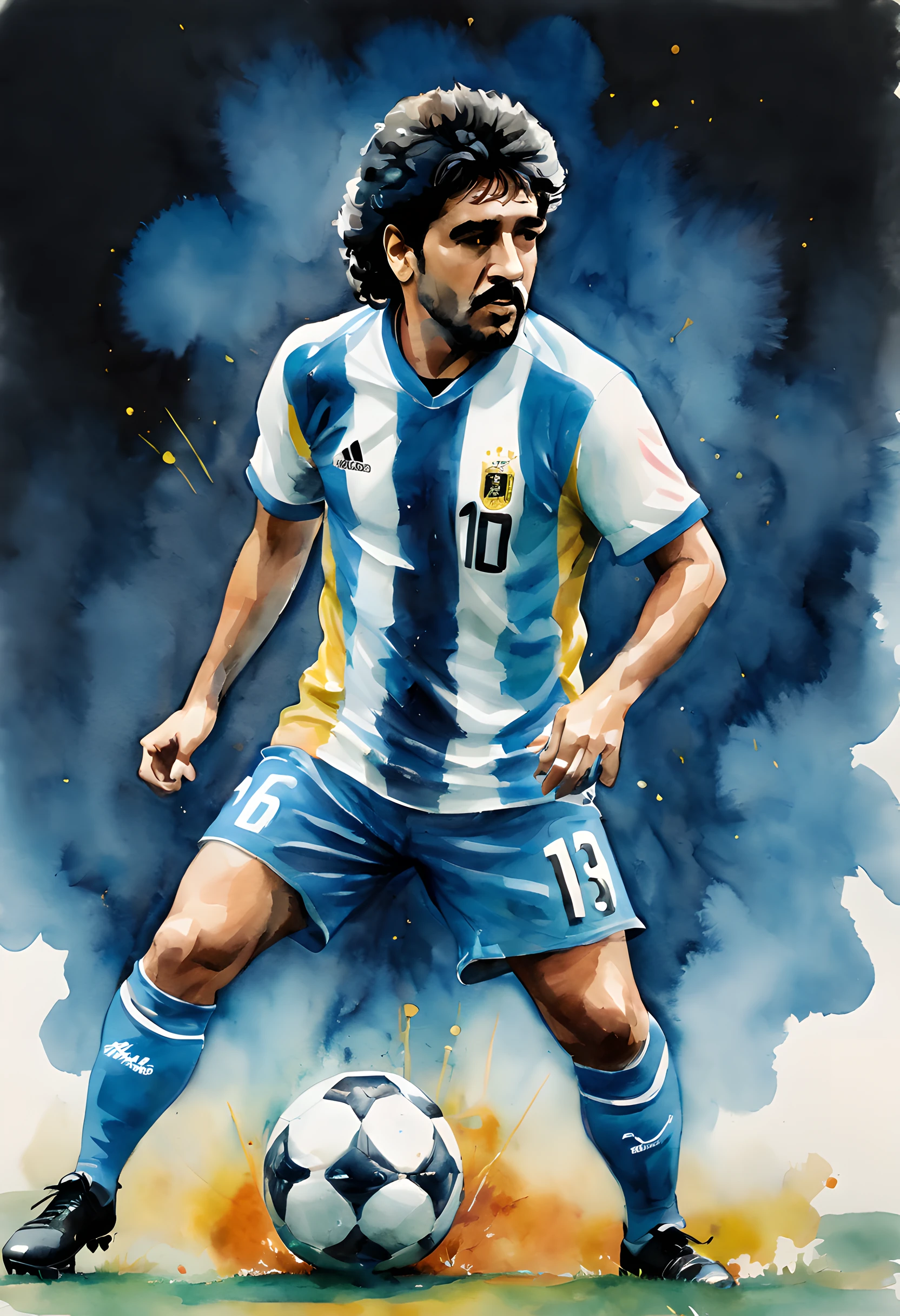 (Play soccer:1.5), (ink and watercolor painting:1.5), (Tasteful:1.5), (ink and watercolor painting:1.5), (full color:1.5), 8k, 4k, (magic:1.5), (dripping paint;1.5), dynamic, (Maradona:1.5),(world cup:1.5), (dribbling:1.5), (５Without people:1.5),