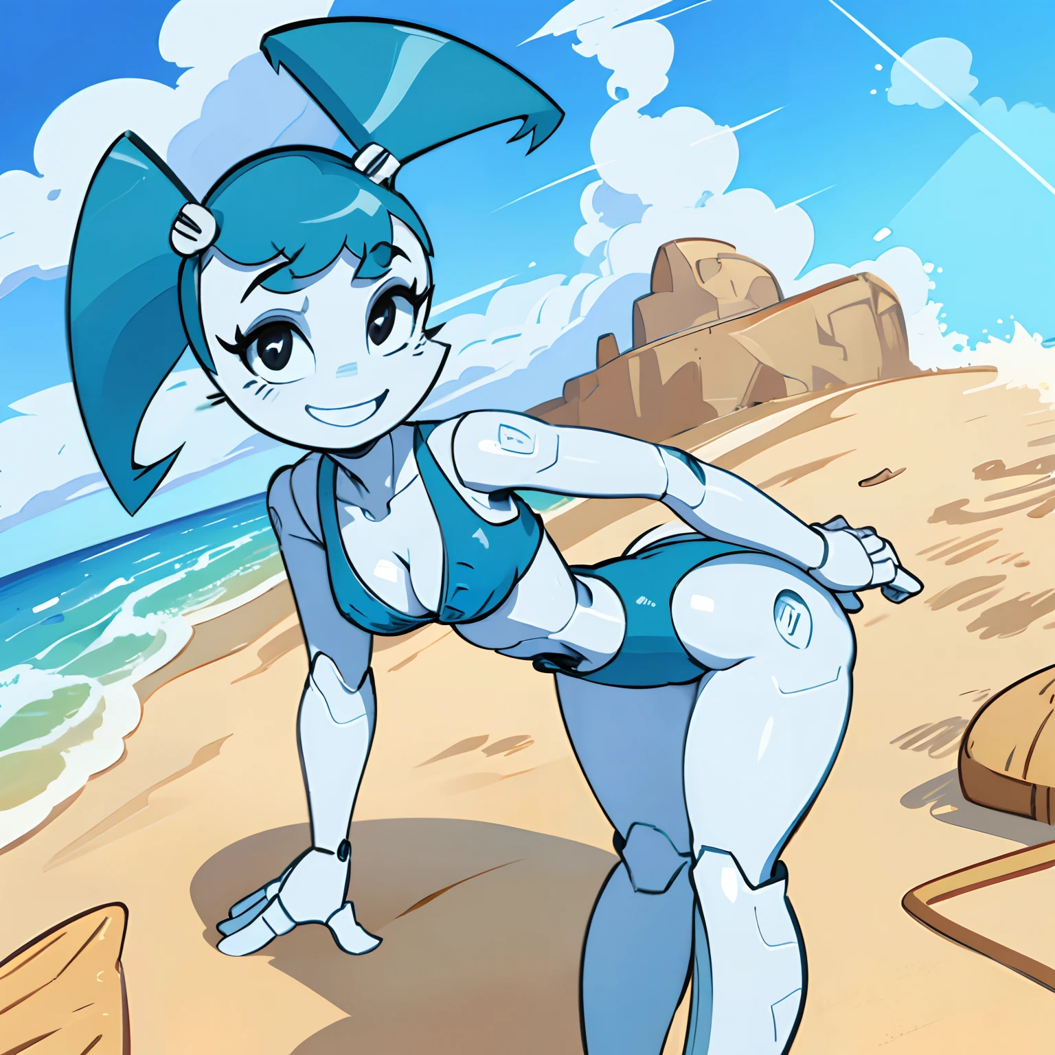 Jenny standing in beach, small blue bikini. Bent over. Cleavage. looking at viewer. Smiling. Hand on hip. Robot body, robot joints