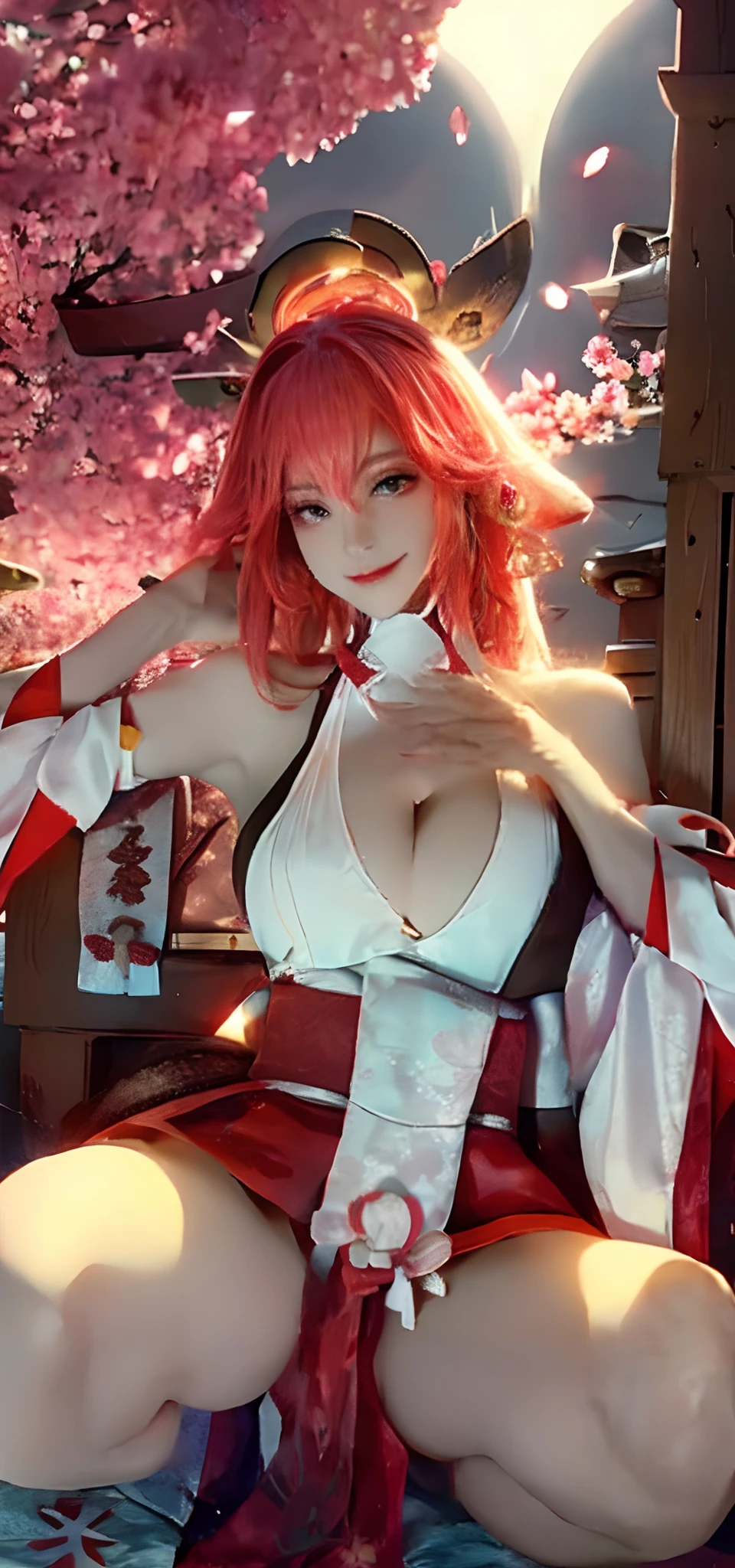 Naked, yae miko, sexy, showing armpits, half squats, thick thighs, big breasts, seduce look, looking at the audience, ((mean, seductive, charming)), ((cherry blossom background))),((Japanese temple background))), (((Glow-in-the-dark background))))High efficiency sub-pixel, sub pixel convolution, luminous particles, light scattering, Tyndall effect, lace edge, (Masterpiece, Excellent, 1girl, solo, complex details, color difference), showing cleavage