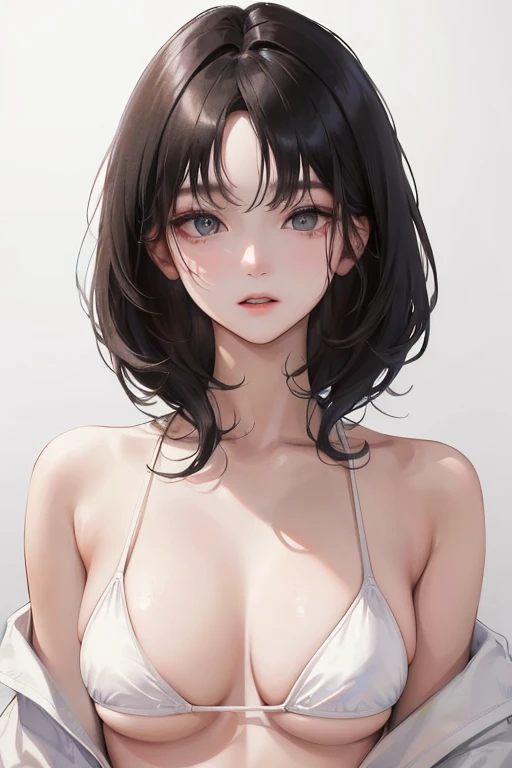 (Top resolution、Distinct_image)top-quality、femele、​masterpiece、ighly detailed、Semi-realistic、Black short hair、Dark hair、grey  eyes、bangss、21years old、Mature、年轻、Exquisite facial features、Facial features,White Bikini